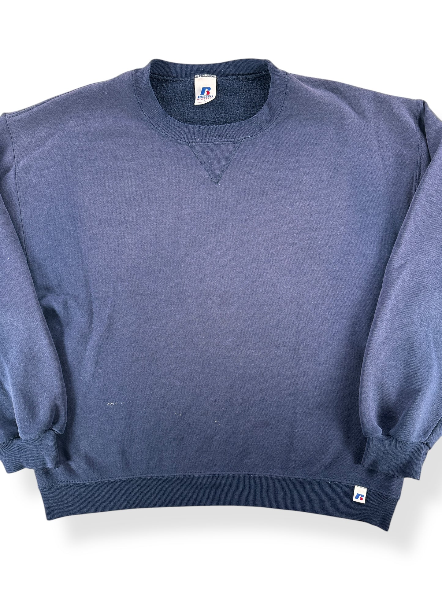 Front Close Up of Vintage Blue Russell Single V Crewneck SZ XL