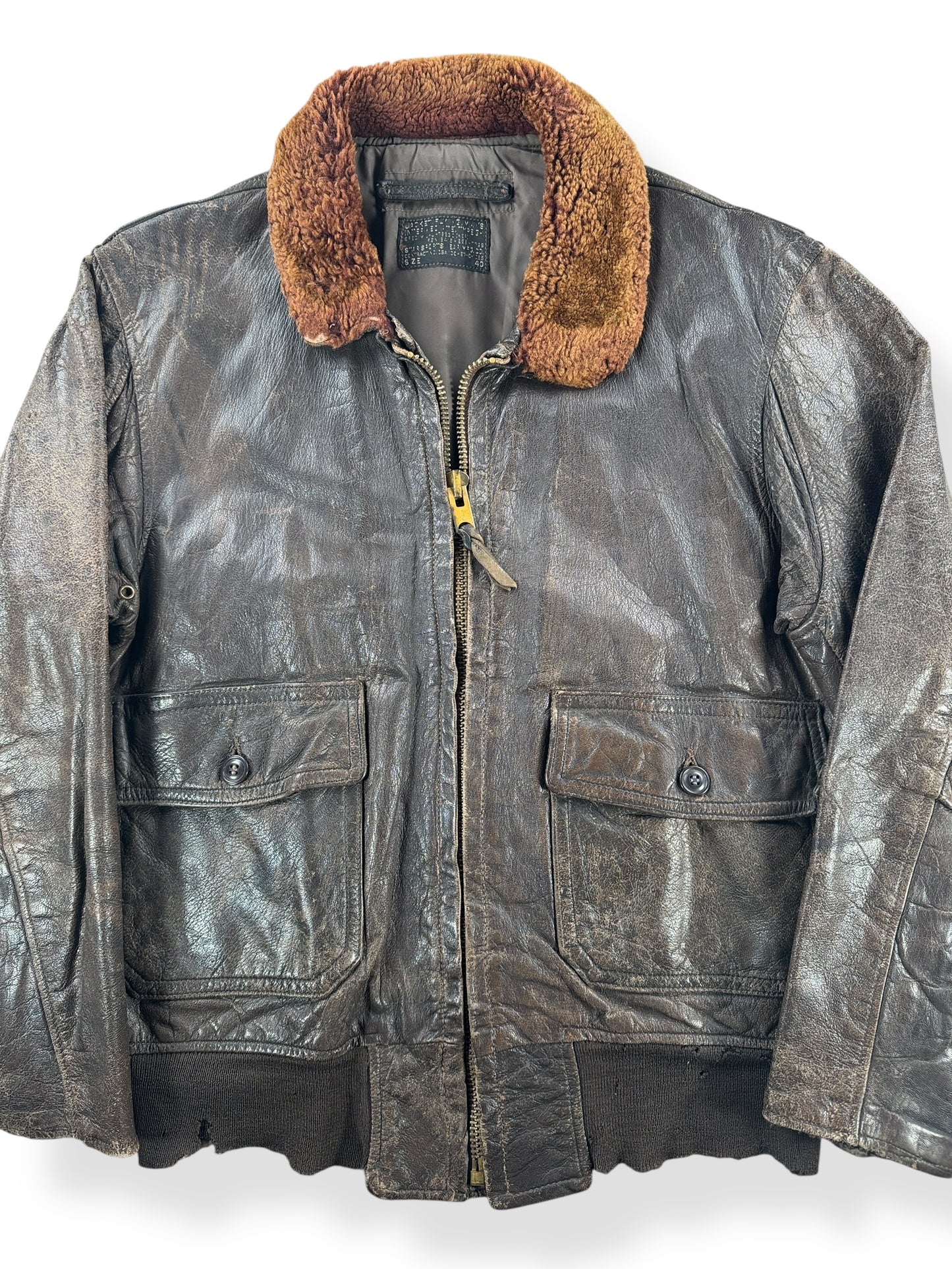 Front Close Up of Vintage USN G-1 Bomber Jacket SZ 40 AS IS