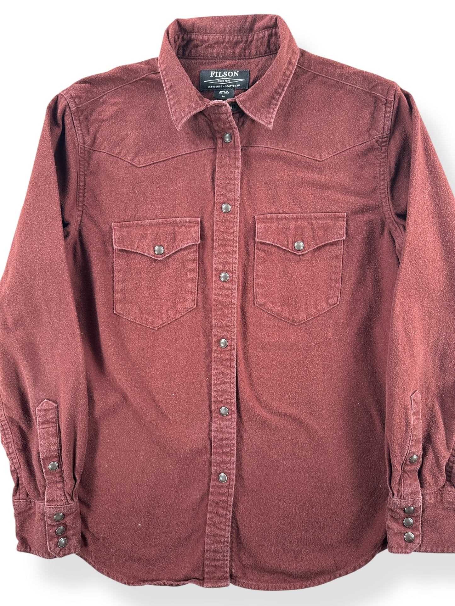 Front Close Up of Filson Redwood Women's Flannel Shirt SZ M
