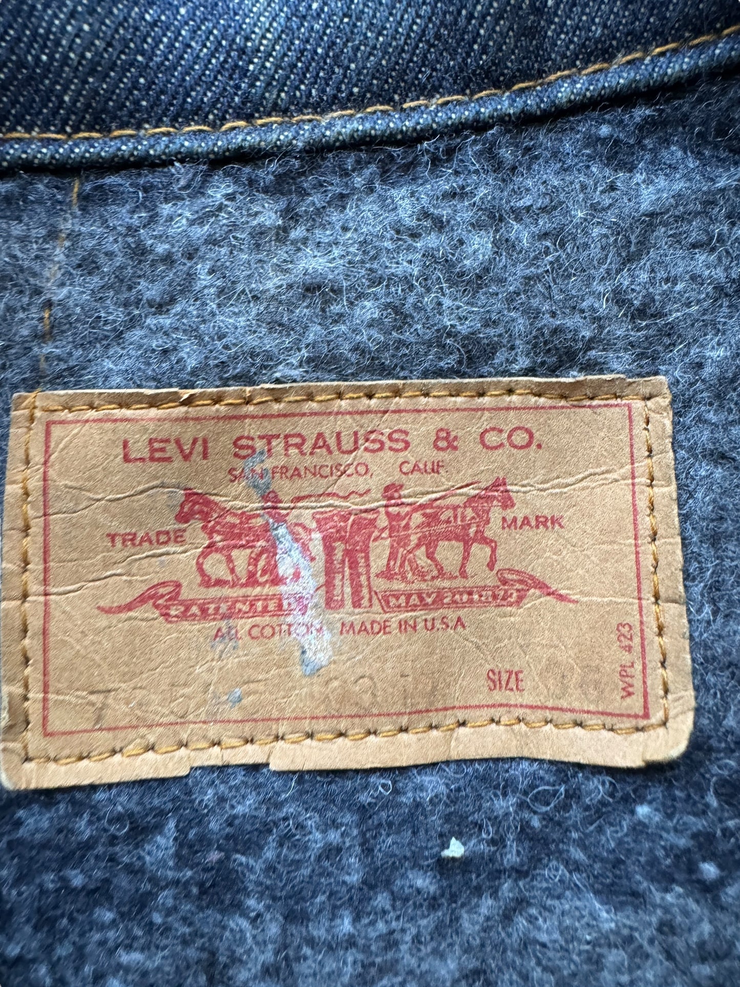 Label of Vintage NWOT Troy Blanket Lined Levis Type III Trucker SZ 36