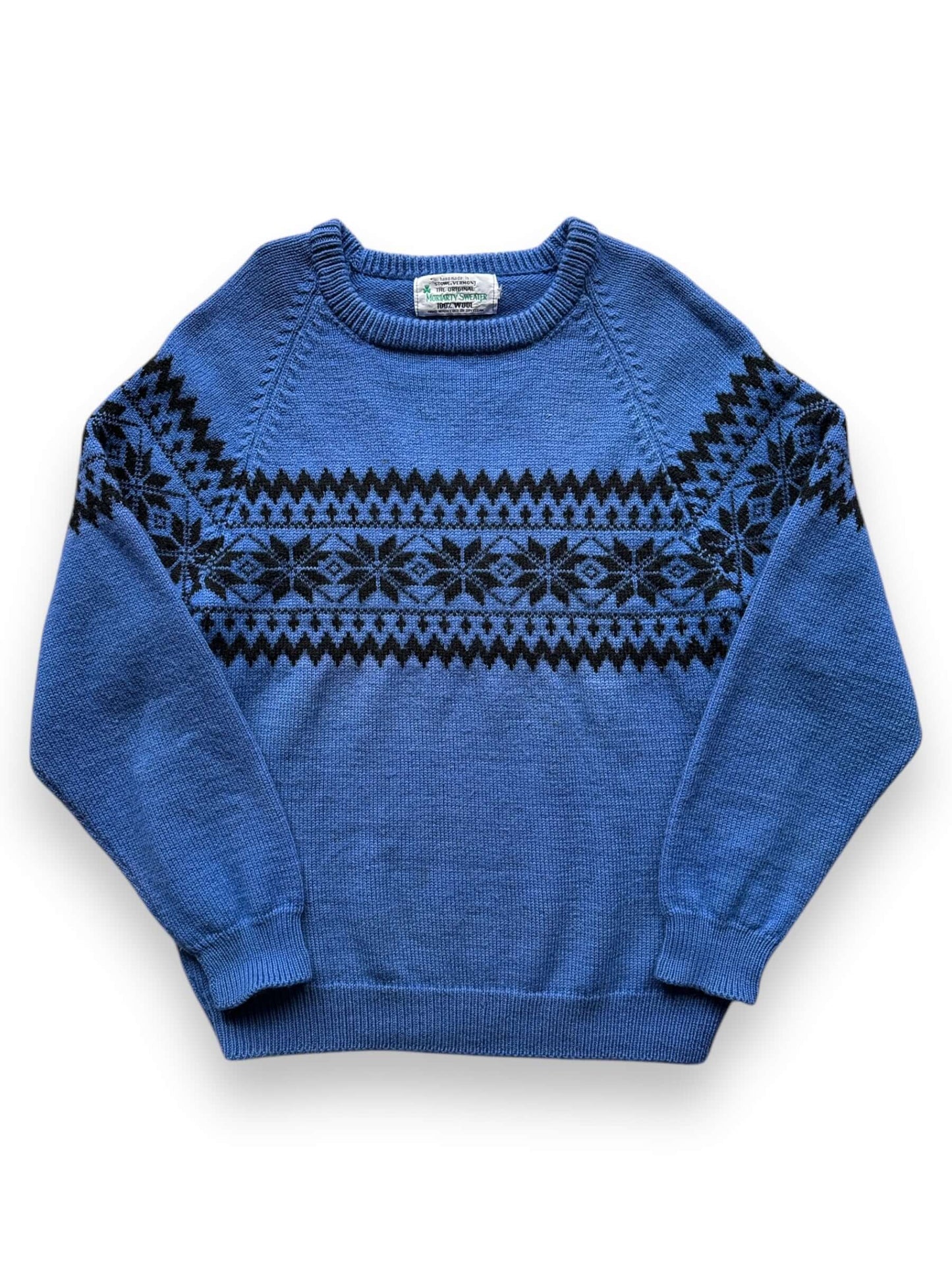 front of Vintage Moriarty Blue Festive Wool Knit Sweater SZ M