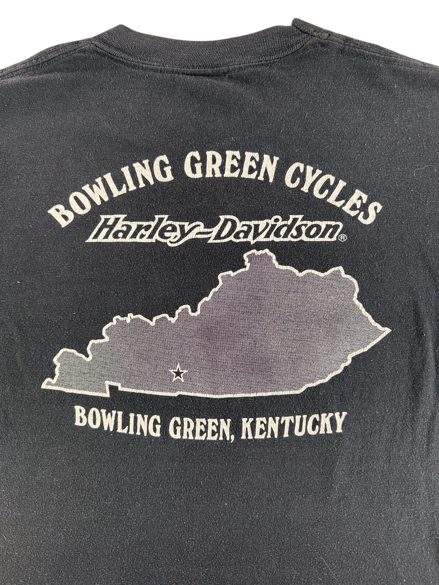 Back Graphic of Vintage Harley Davidson 3D Emblem Tee with Smoke Pocket SZ S