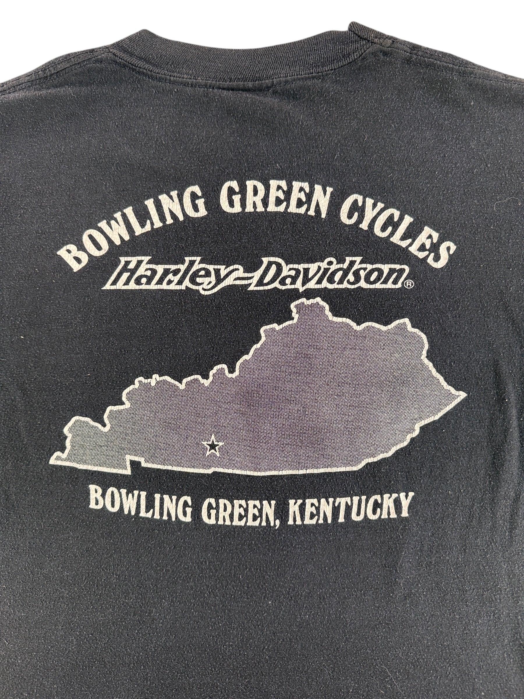 Back Graphic of Vintage Harley Davidson 3D Emblem Tee with Smoke Pocket SZ S