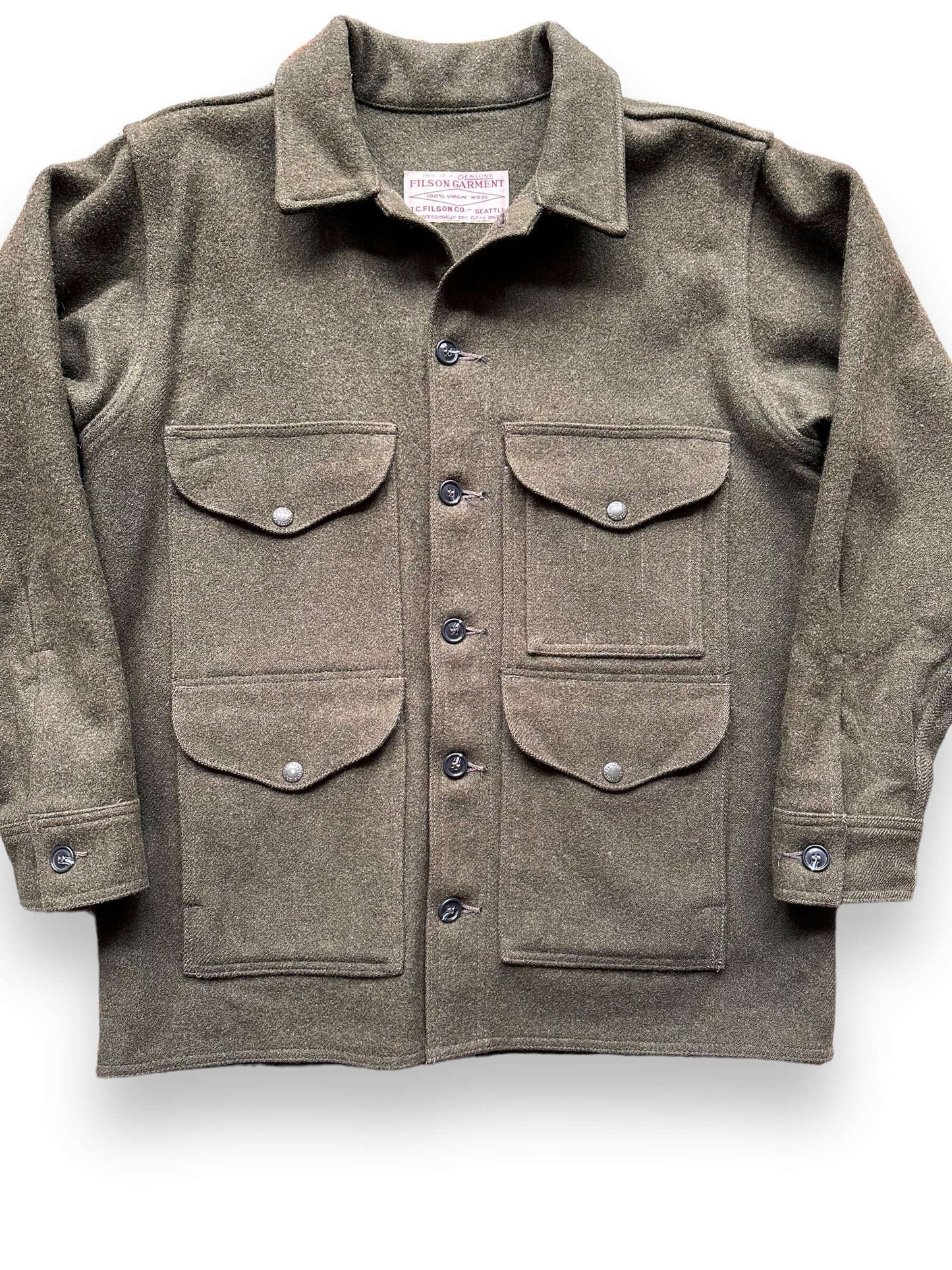 Front Detail View of Filson Forest Green Mackinaw Cruiser SZ 42 | Vintage Filson Workwear Seattle