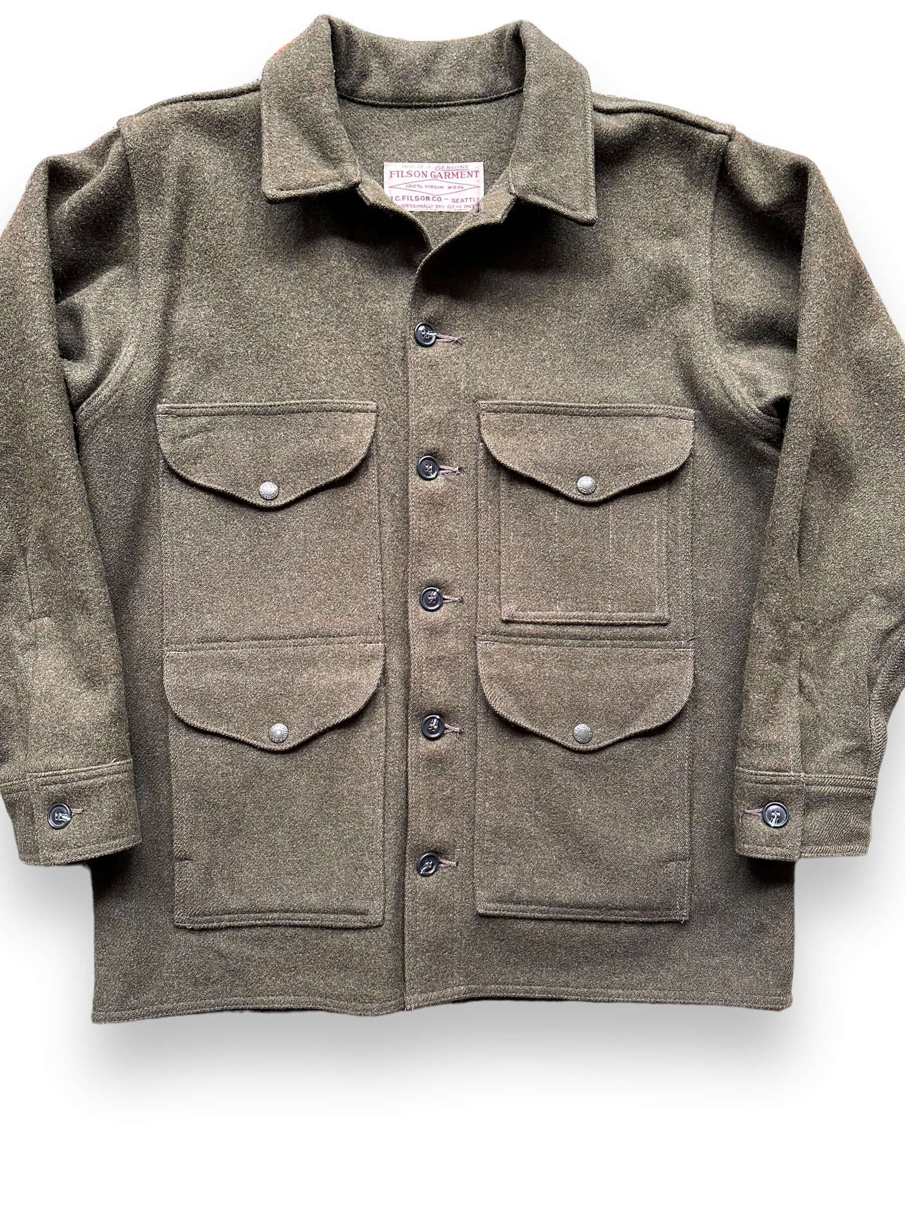 Front Detail View of Filson Forest Green Mackinaw Cruiser SZ 42 |  Vintage Filson Workwear Seattle
