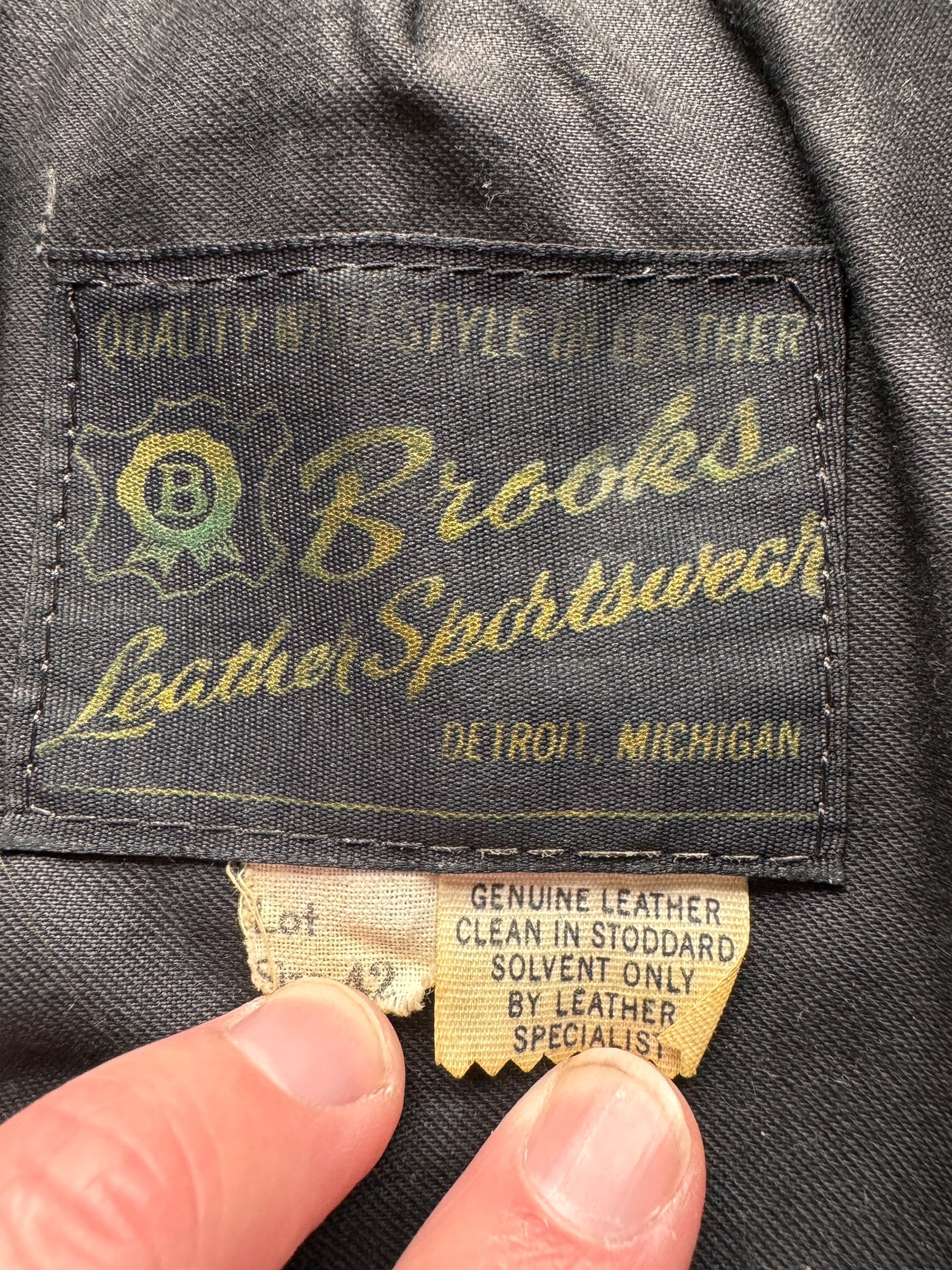 Label on Vintage Brooks Leather Moto Leather Jacket SZ 42