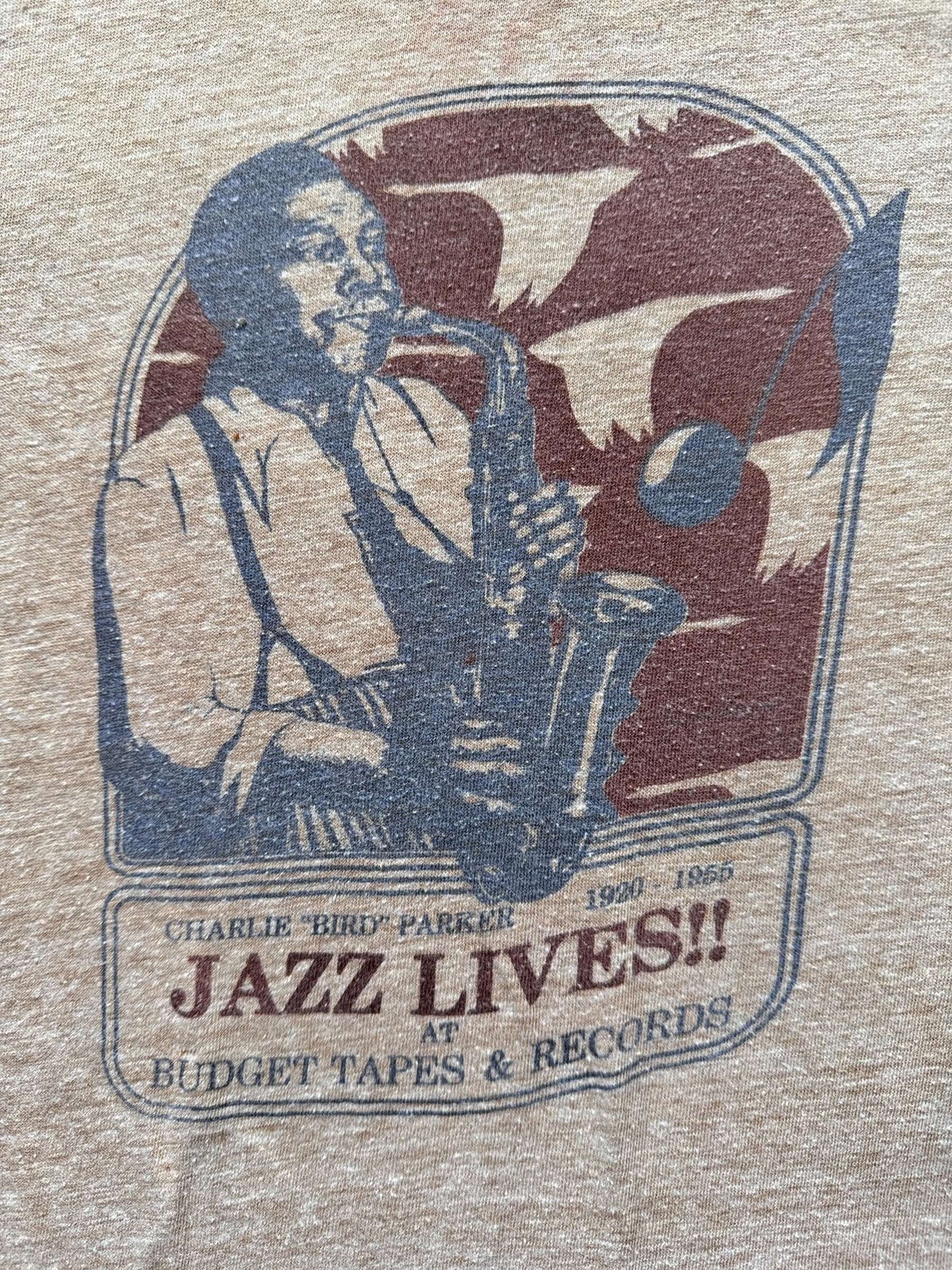 Front Graphic of Vintage Jazz Lives Charlie Parker Ringer Tee SZ L