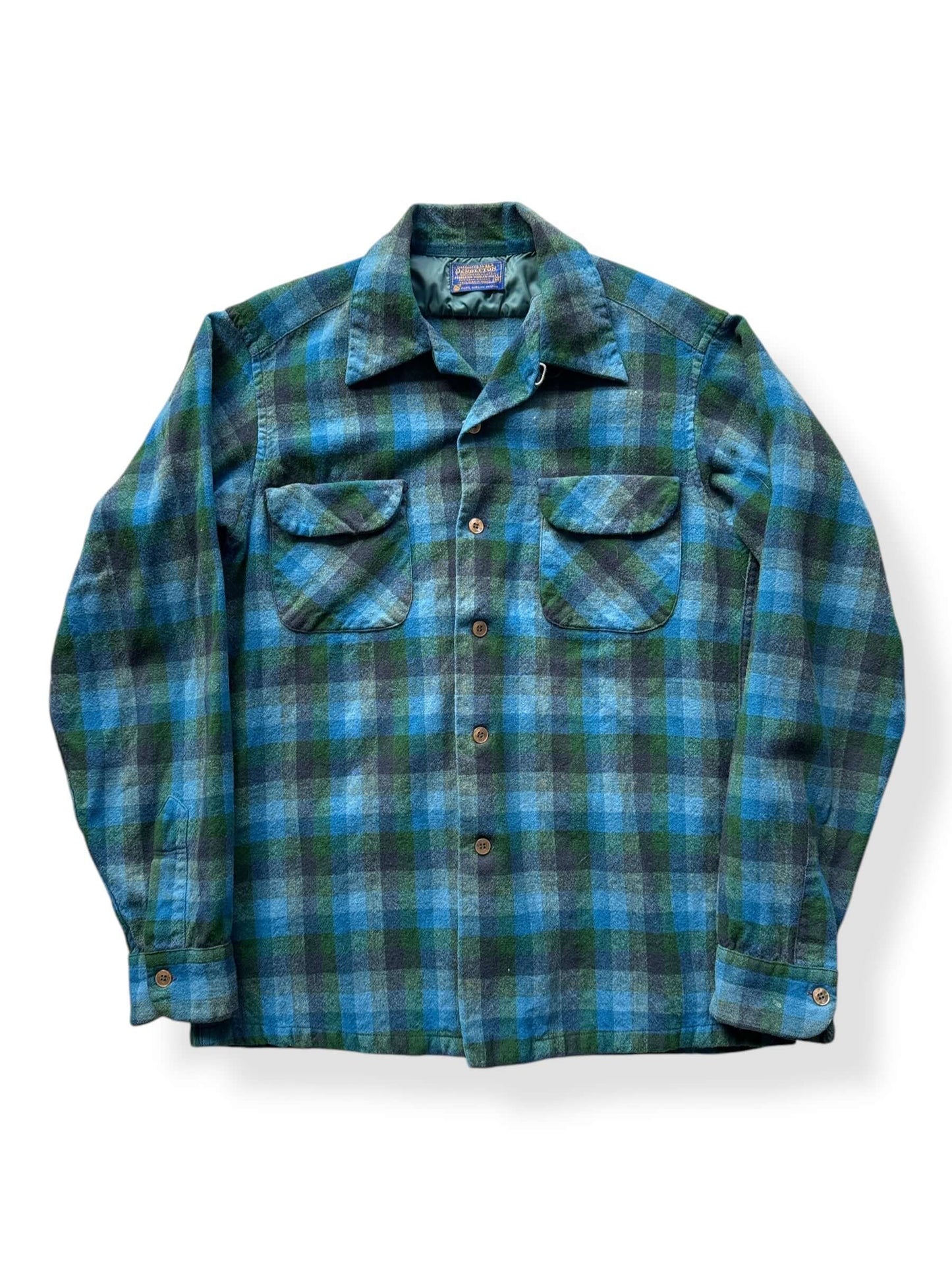 Front of Vintage Pendleton Blue and Green Board Shirt SZ M AS IS