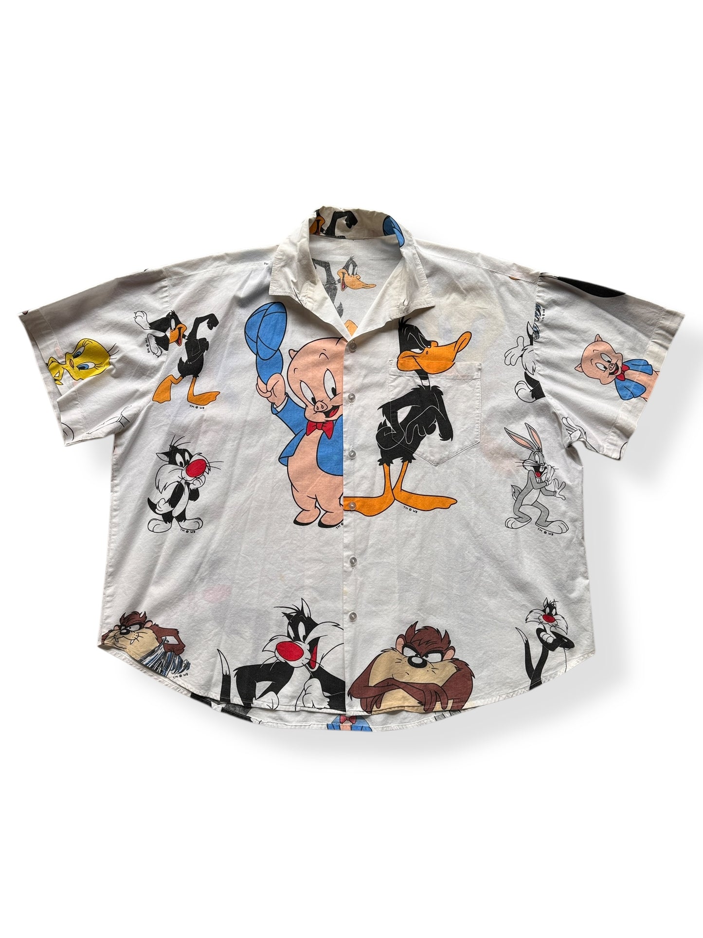 Front of Vintage White Daffy & Porky Button Up SZ XXL