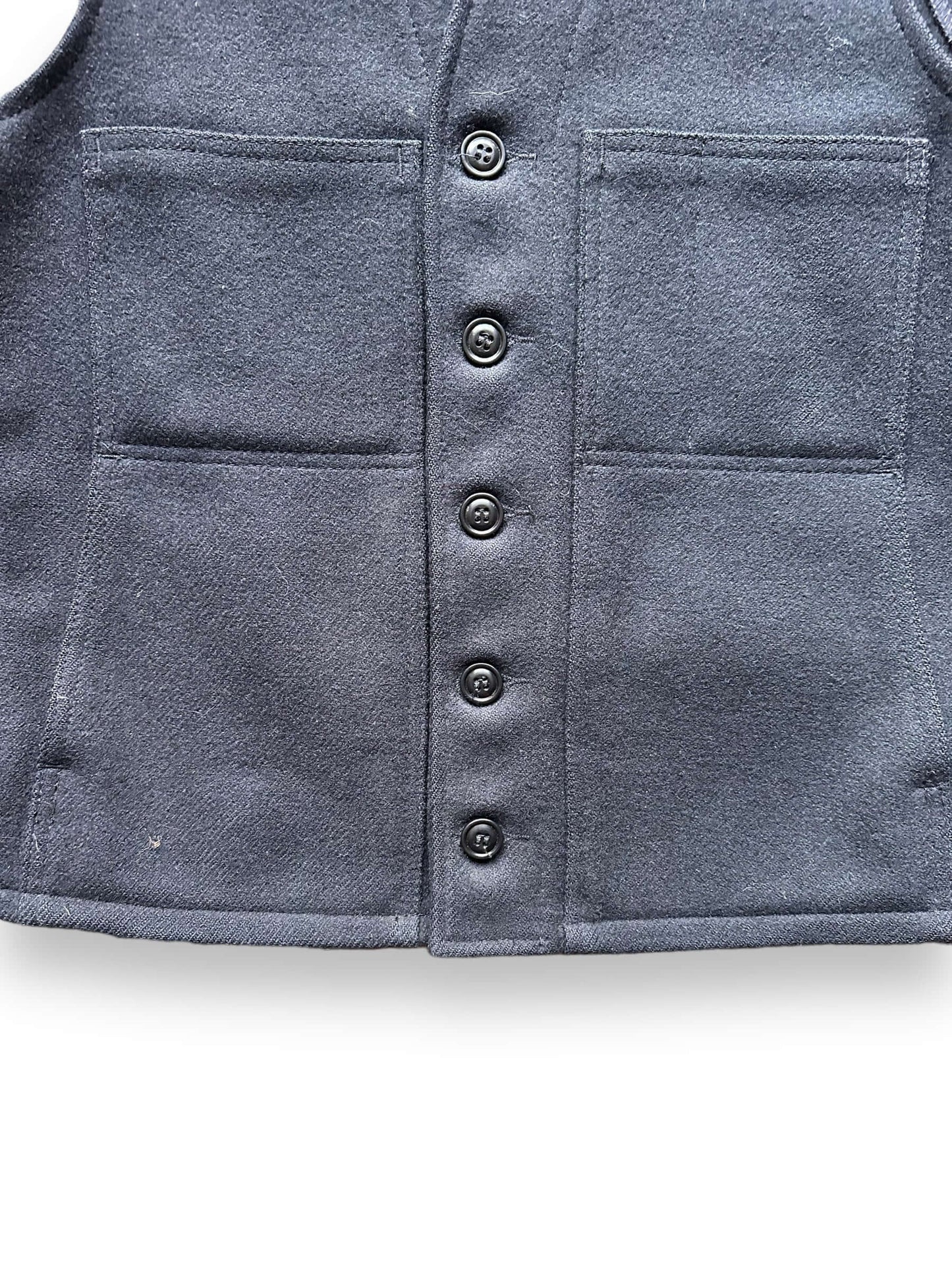 Lower Front View of Black Label Filson Mackinaw Wool Vest SZ S | Barn Owl Vintage Goods | Filson Bargain Outlet Seattle
