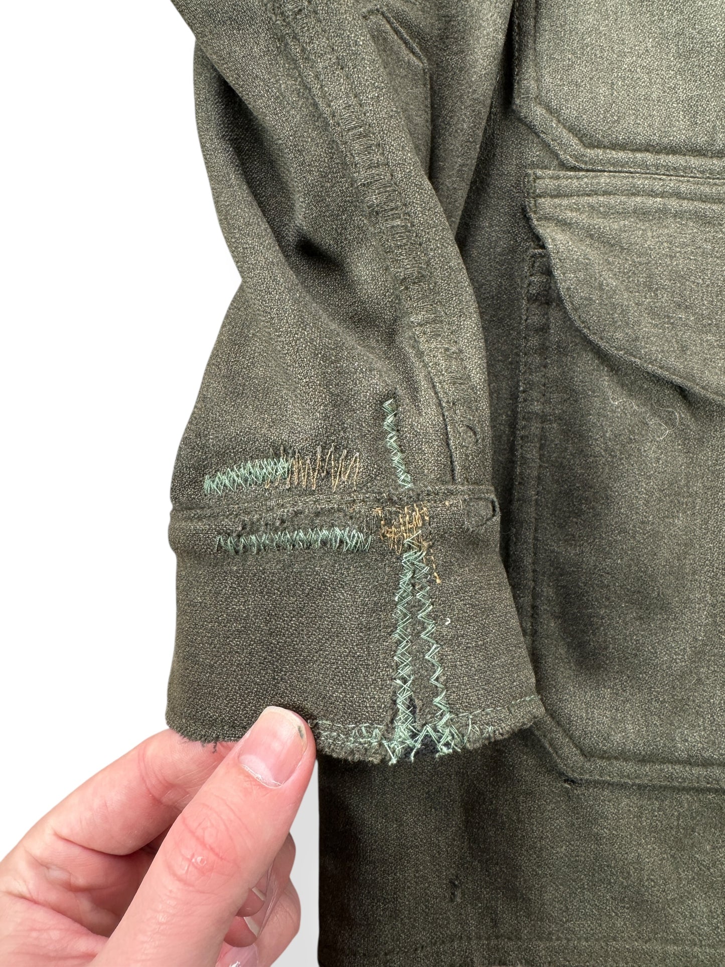 Repair on Vintage 60’s Filson Green Wool Mackinaw Jacket W/ Repairs SZ L