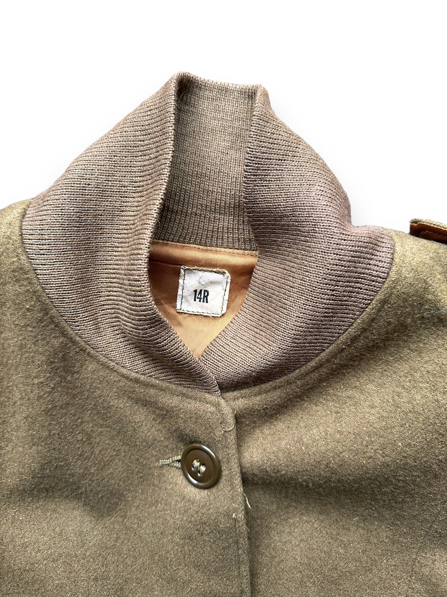 Sizing Tag View on Vintage WWII Era Womens Wool Field Liner SZ 14R | Vintage M-1943 Wool Jacket Seattle | Barn Owl Vintage Seattle