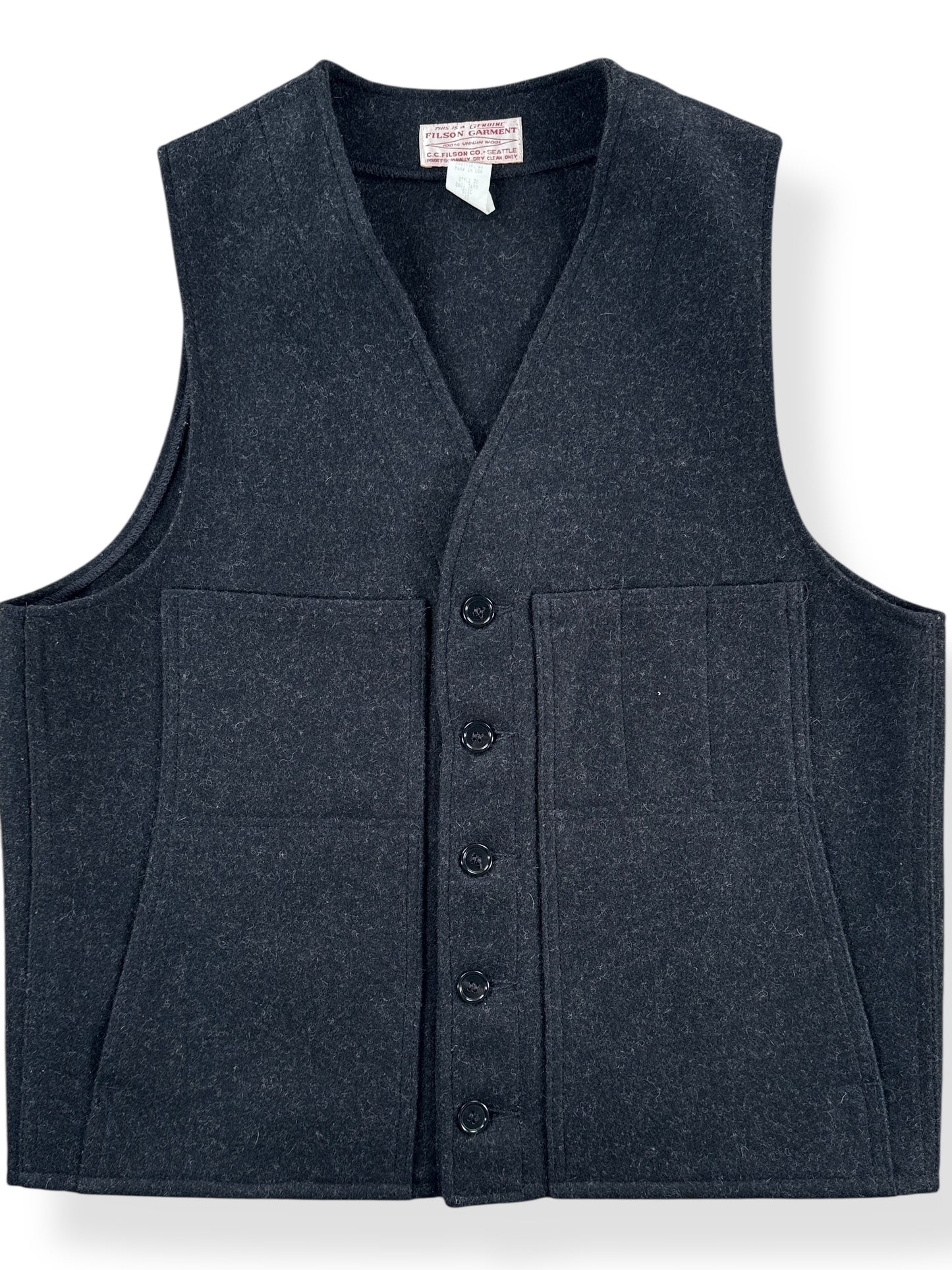 Front Close Up of Vintage Filson Charcoal Mackinaw Vest SZ 42