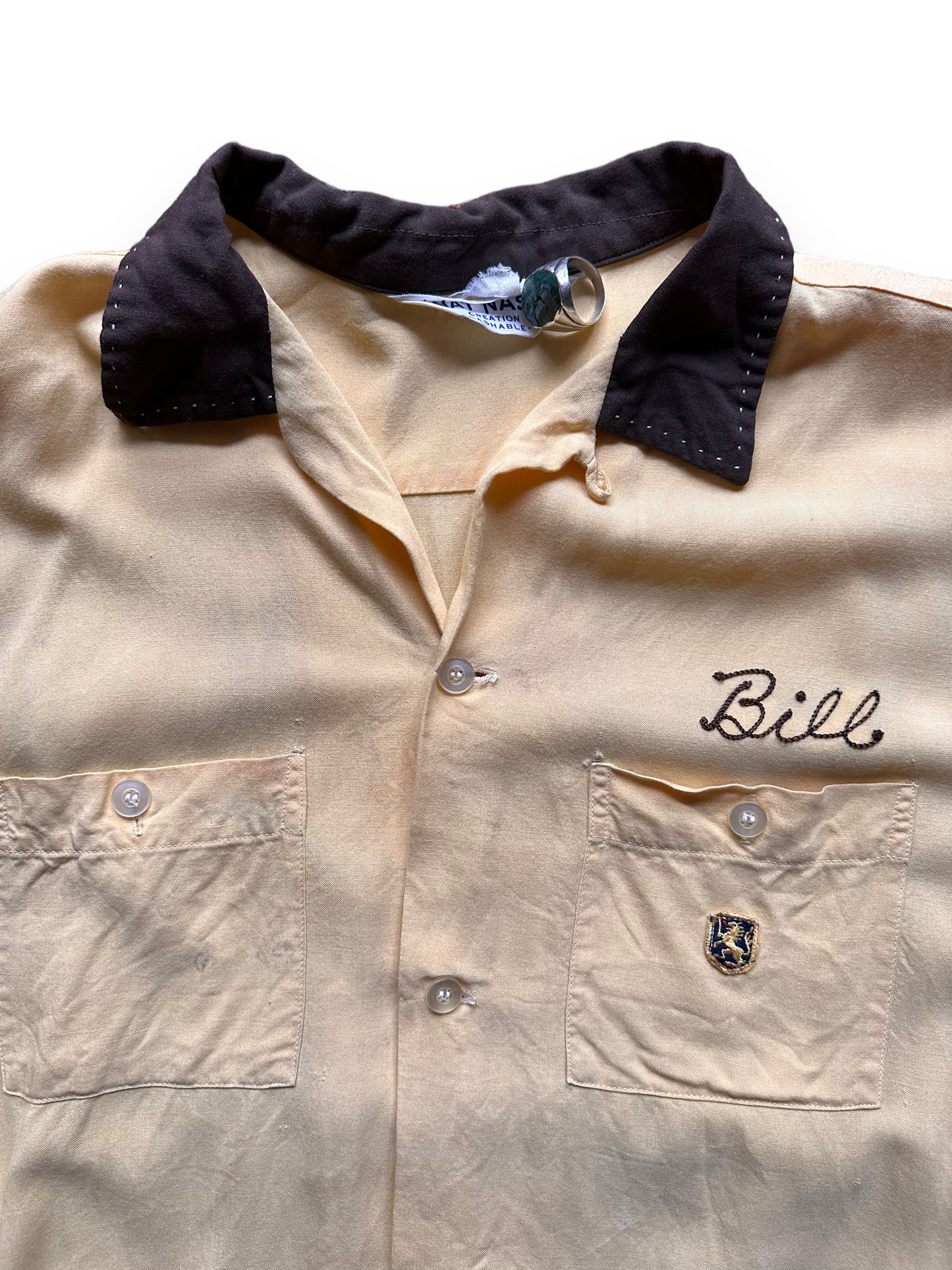 collar of Vintage Power City Electric Company Rayon Bowling Shirt SZ L | Vintage Bowling Shirt Seattle | Barn Owl Vintage Seattle