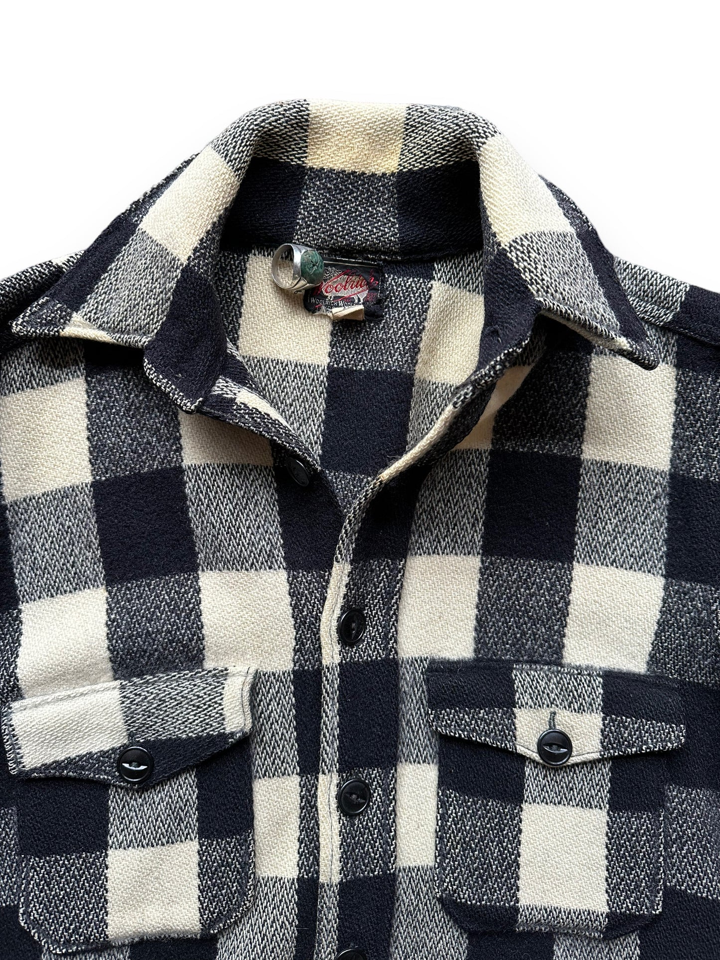 Upper Front View of Vintage 1930-40s Era Woolrich Black & White Wool Jacket SZ L | Barn Owl Vintage Goods | Vintage Workwear Seattle