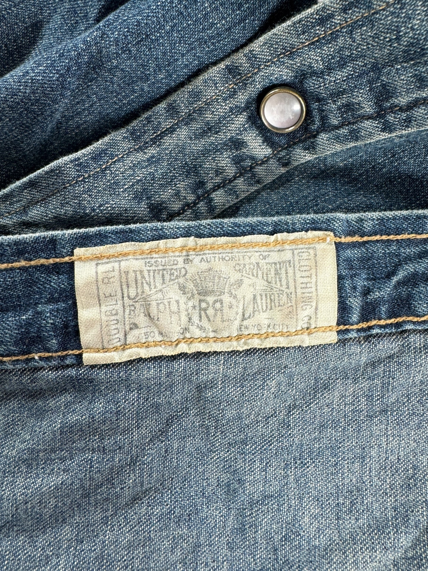 Label on Modern RRL Southwestern Style Denim Pearlsnap Shirt SZ L