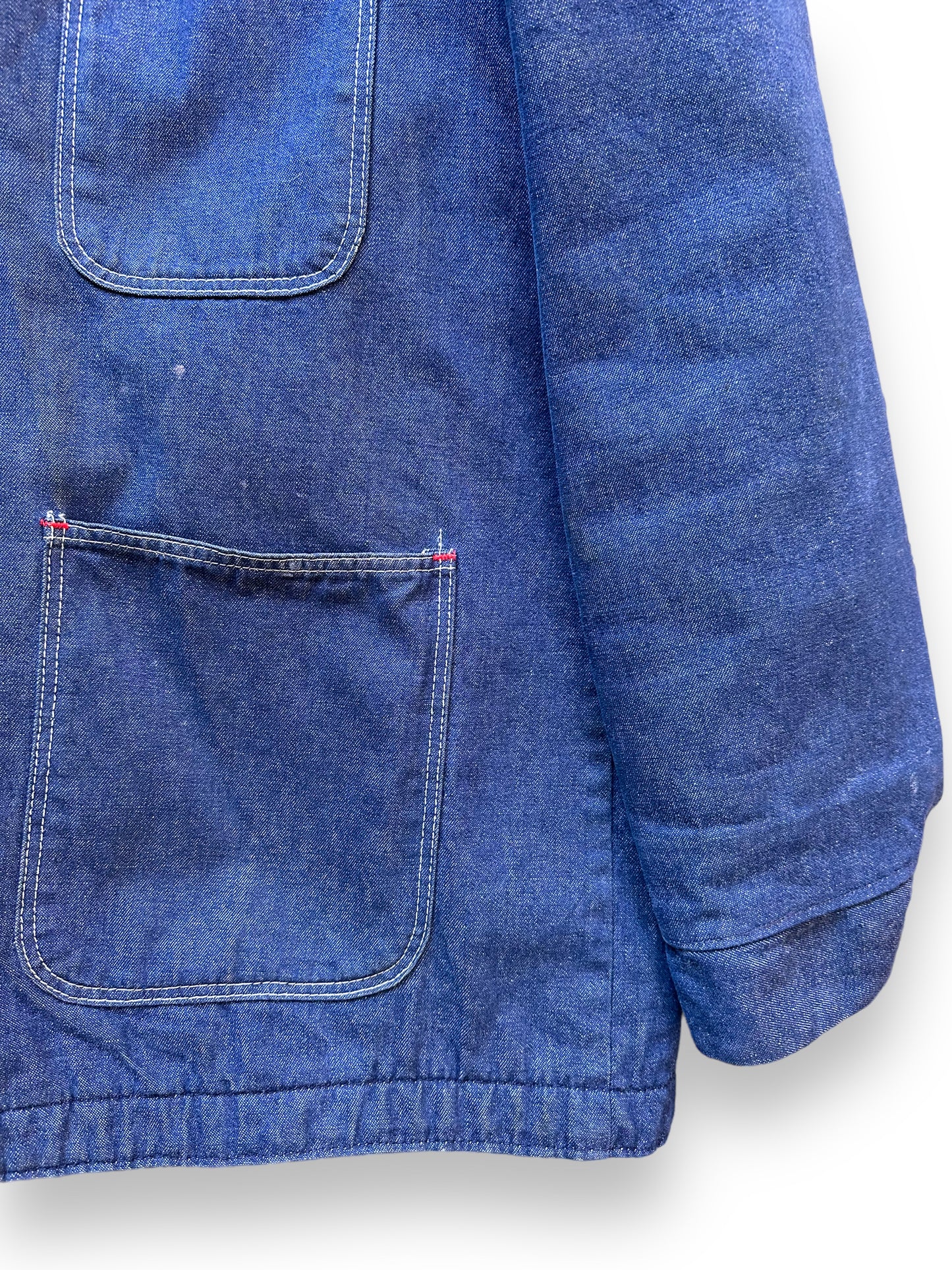 Lower Front Left Pocket View of Vintage Blanket Lined Denim Chore Coat SZ L | Vintage Denim Chore Coat | Barn Owl Vintage Seattle