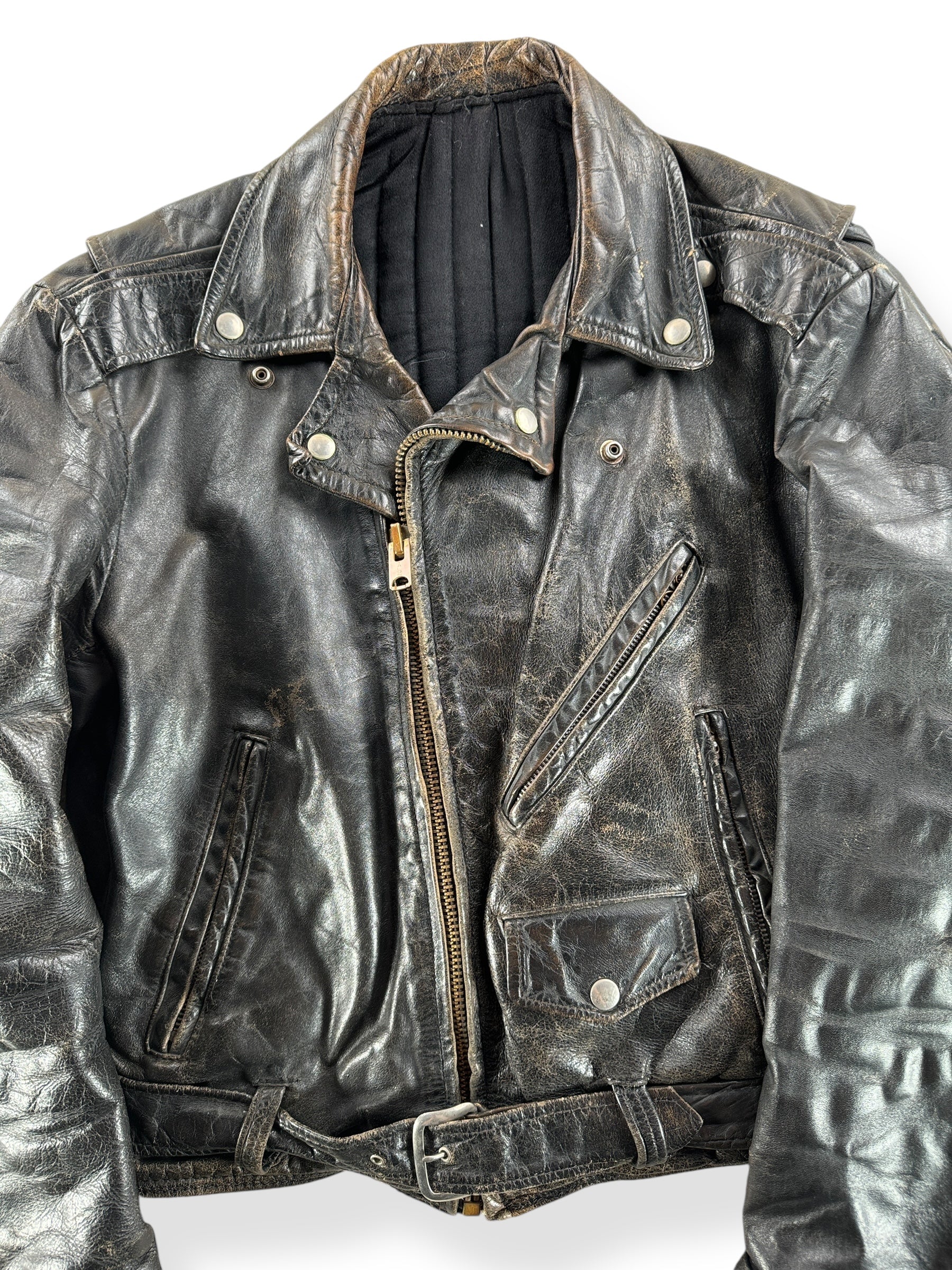 Front Close Up of Vintage 60's Era Biker Leather Jacket SZ M