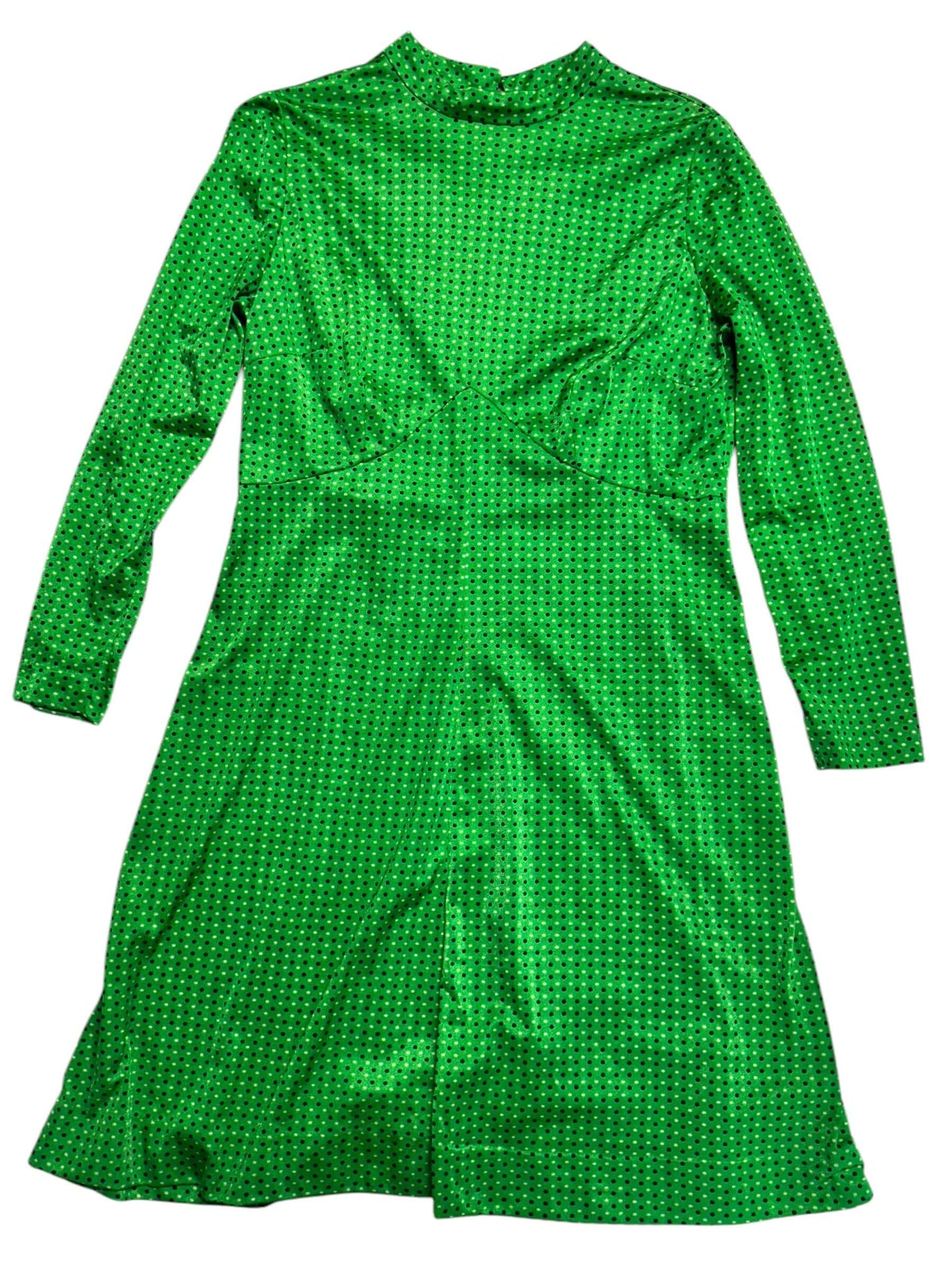 Front flat lay of 1960s Green Polka Dot Dress L