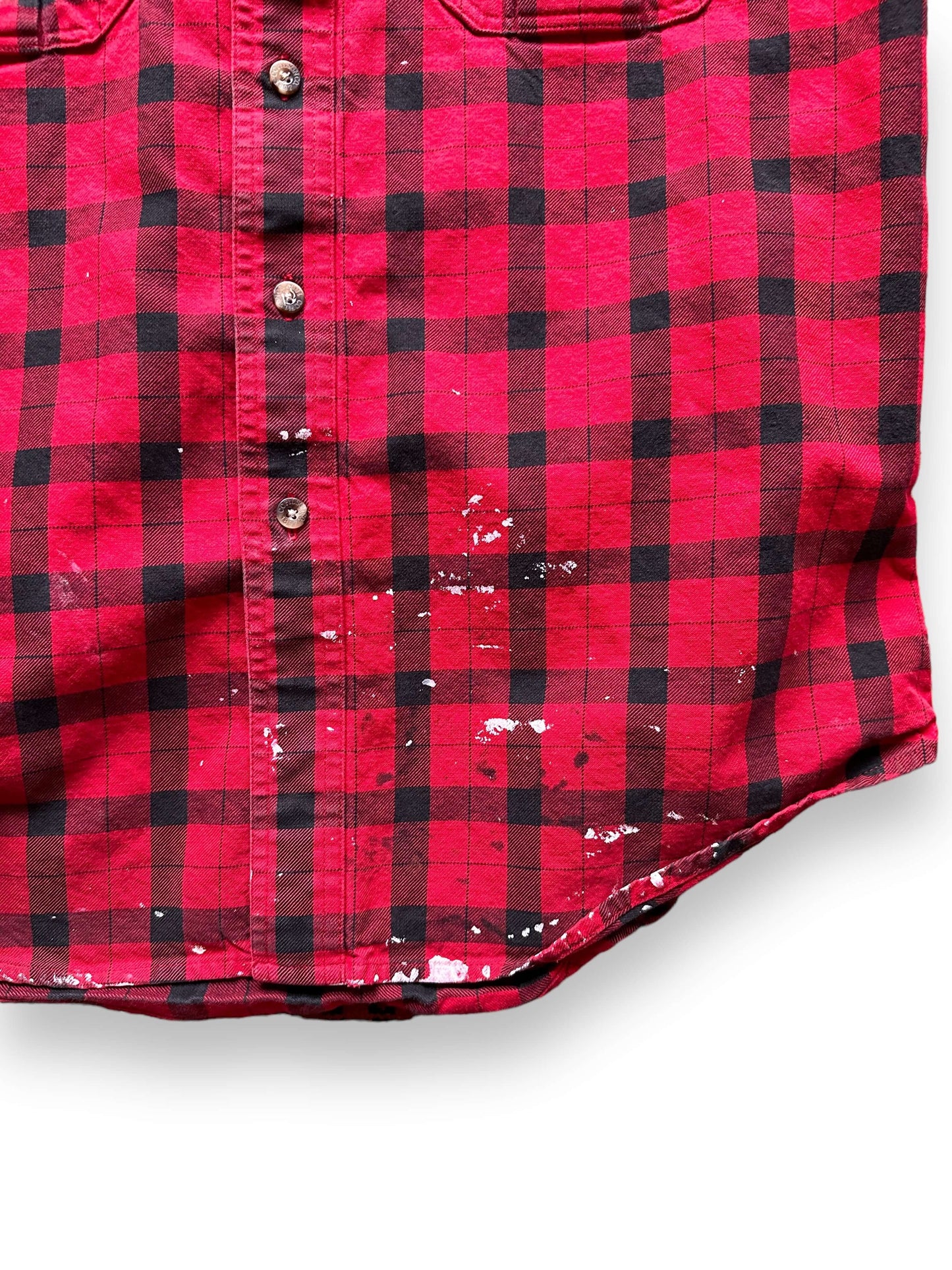 Paint Splatters on Bottom of Paint Splattered Filson Black and Red Guide Shirt SZ M | Barn Owl Vintage Goods | Vintage Filson Workwear Seattle