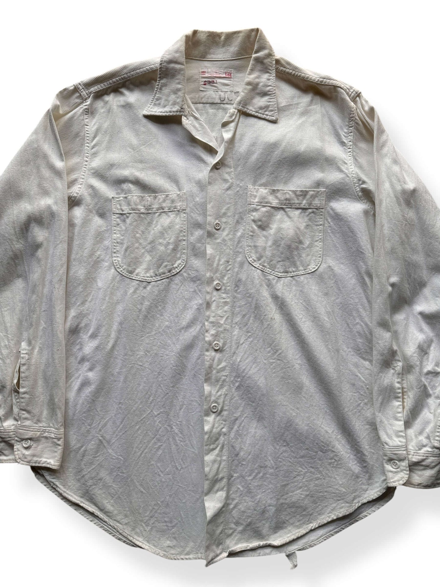 Front Close Up of Vintage Lee White Pique Cloth Sanforized Work Shirt SZ L Long