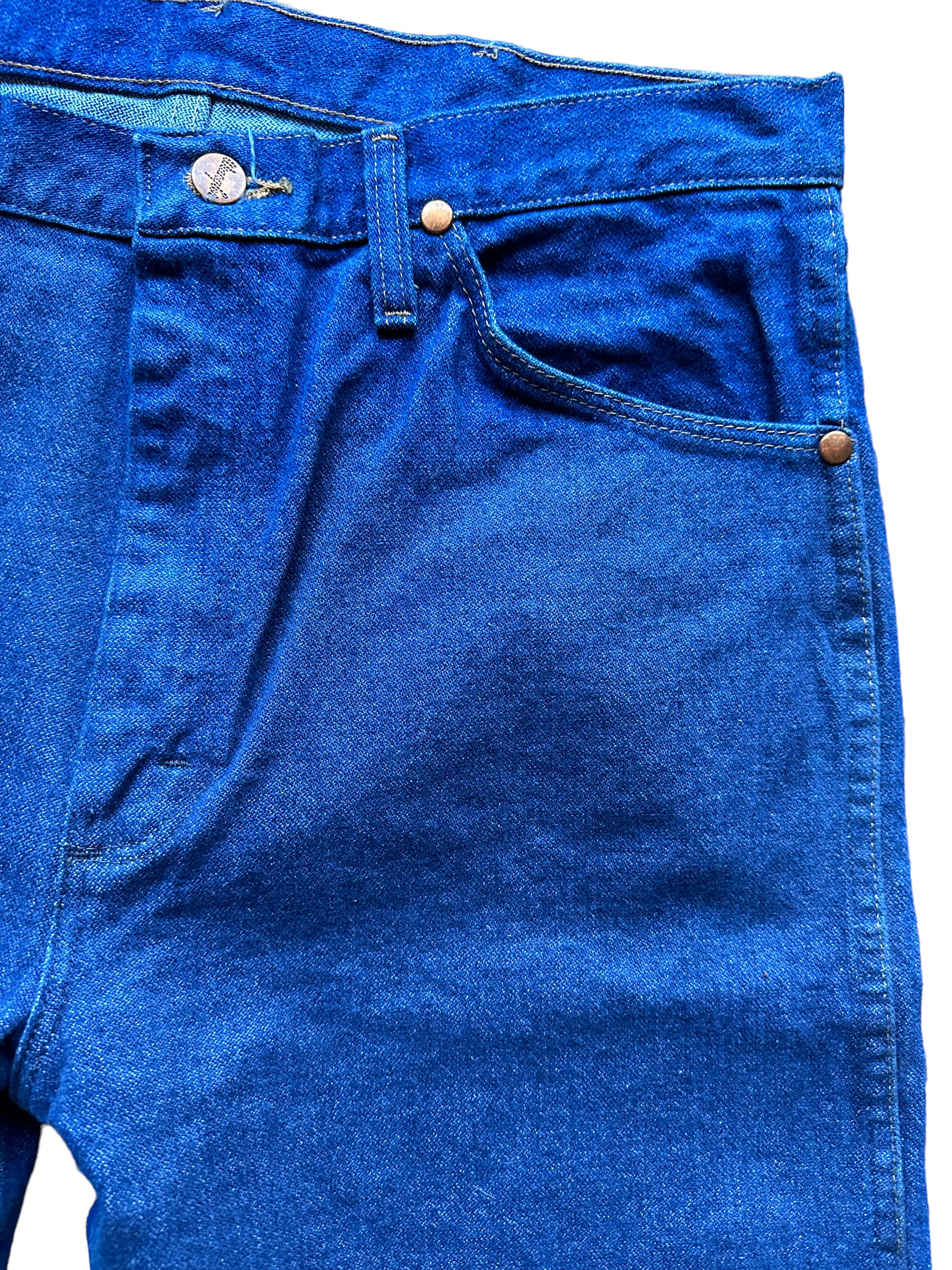 Front left side view of Vintage 90s Deadstock Wrangler Cowboy Cut Denim 33x36 | Seattle Vintage Jeans | Barn Owl Vintage