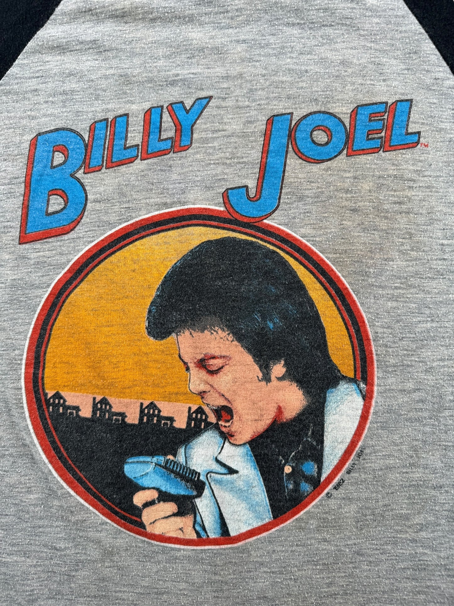 Front Graphic of Vintage Billy Joel Behind The Nylon Curtain Raglan 1982 Tour Tee SZ M