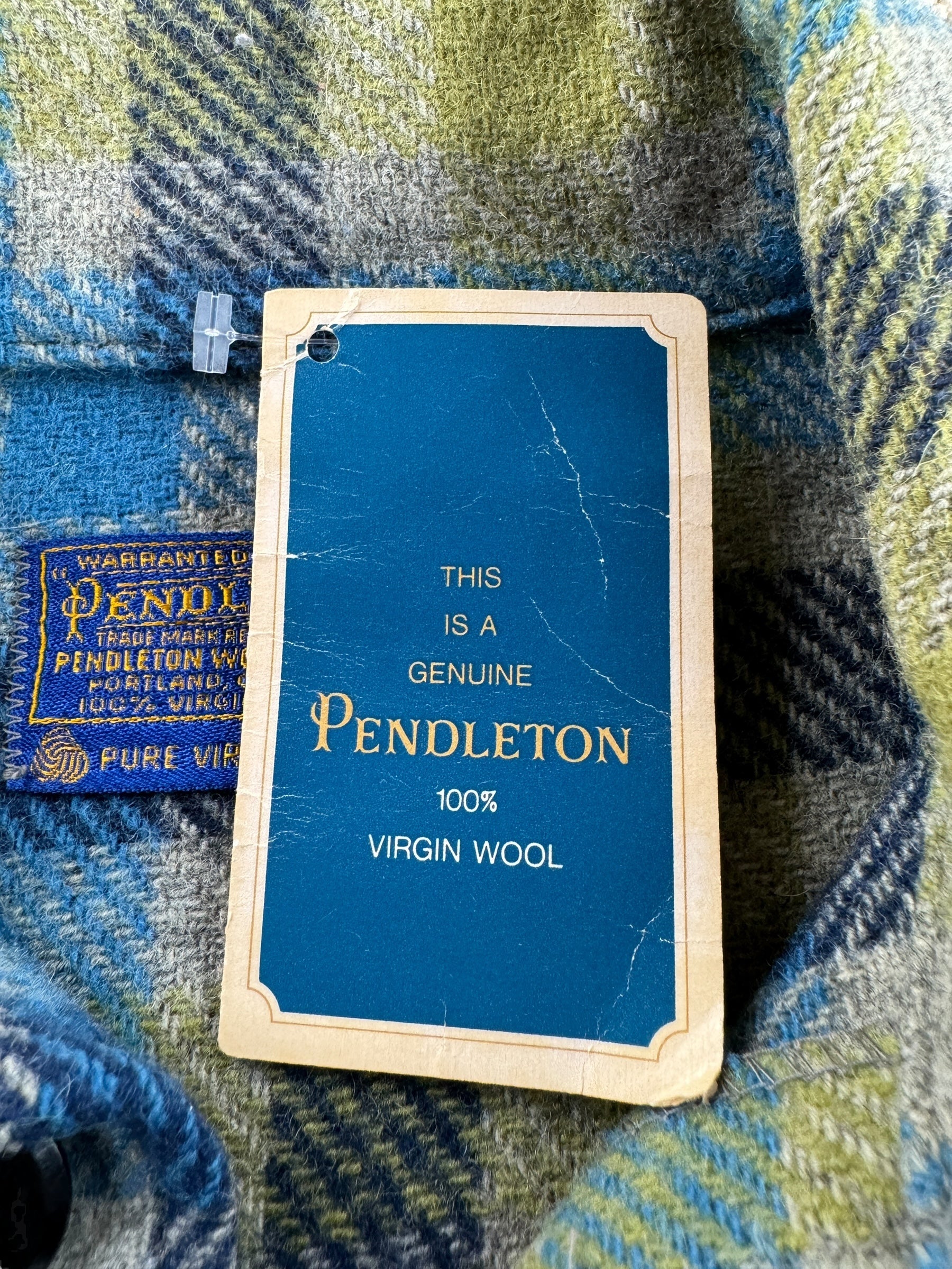 NOS Tag on NOS Vintage Pendleton Green Blue Shacket SZ S