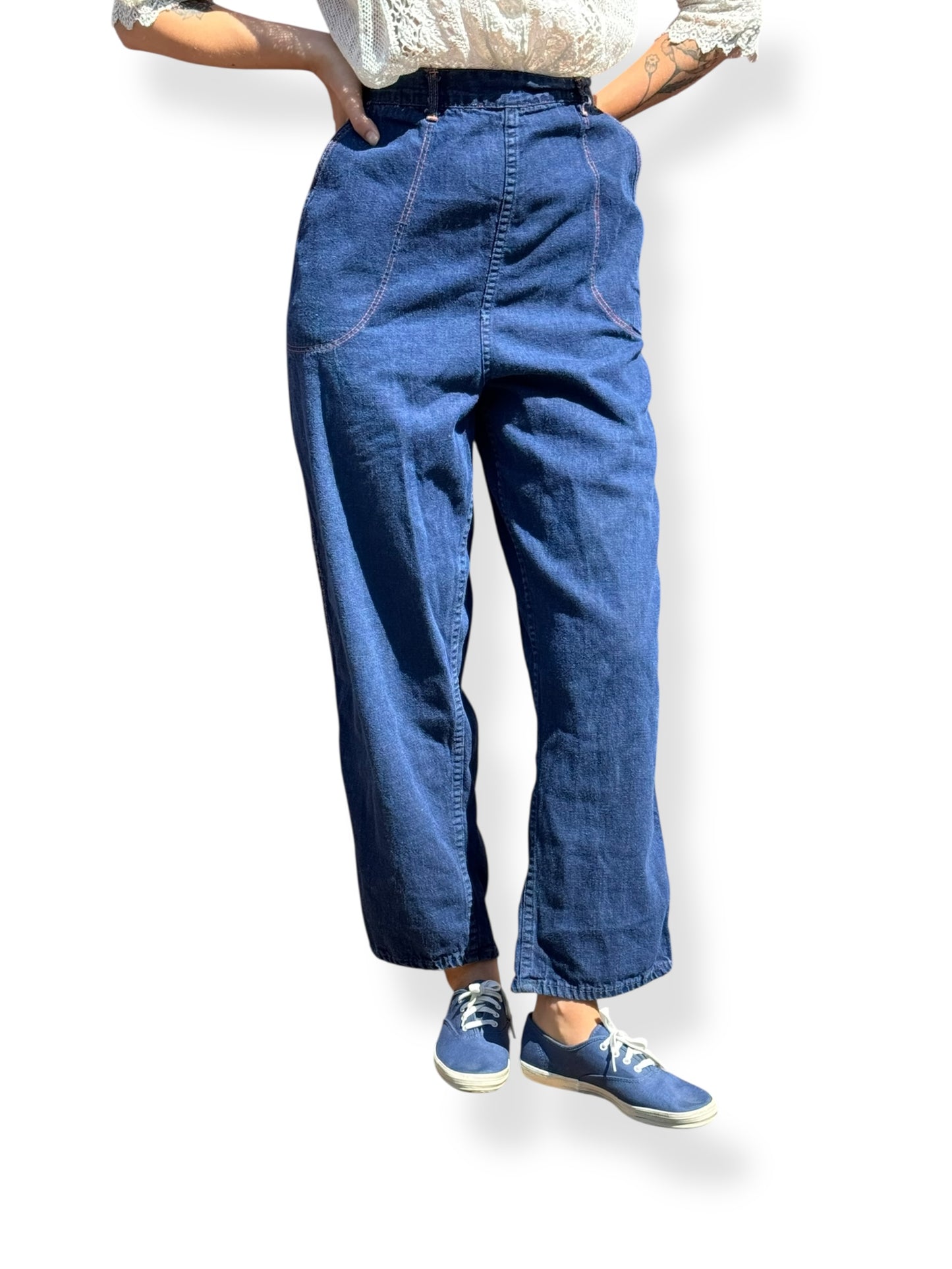 Front Close Up View of Vintage Ladies Strong Reliable Side Zip Jeans W30