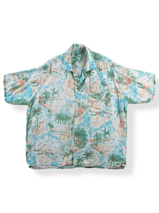 Front of Vintage Waikiki Rayon Aloha Top SZ L