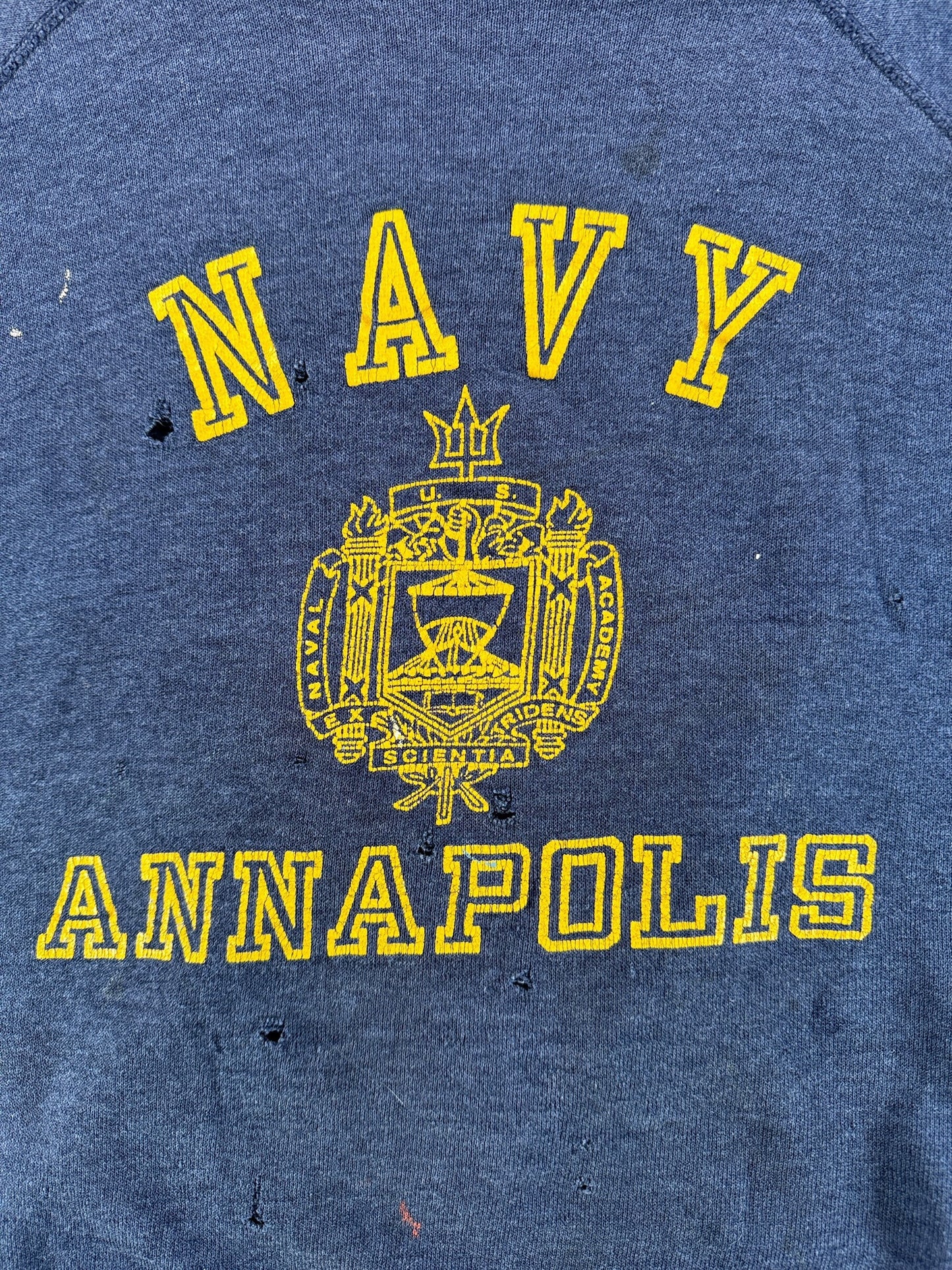 Front Graphic of Vintage Chopped Up Navy Annapolis Sweatshirt SZ L