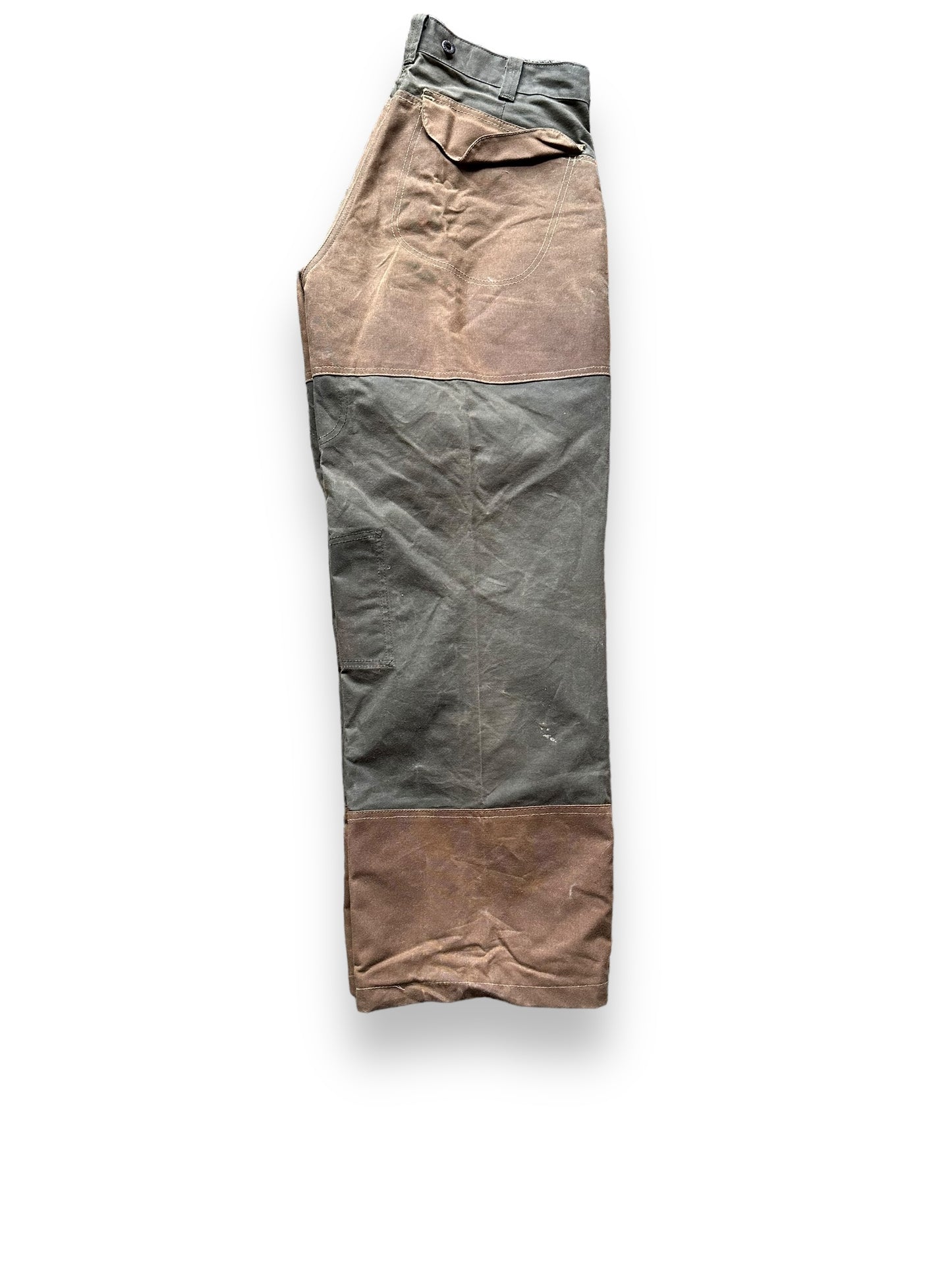Side Profile View of Vintage Filson Tin Cloth Double Hunting Pants W34 | Barn Owl Vintage Goods | Filson Bargain Outlet Seattle