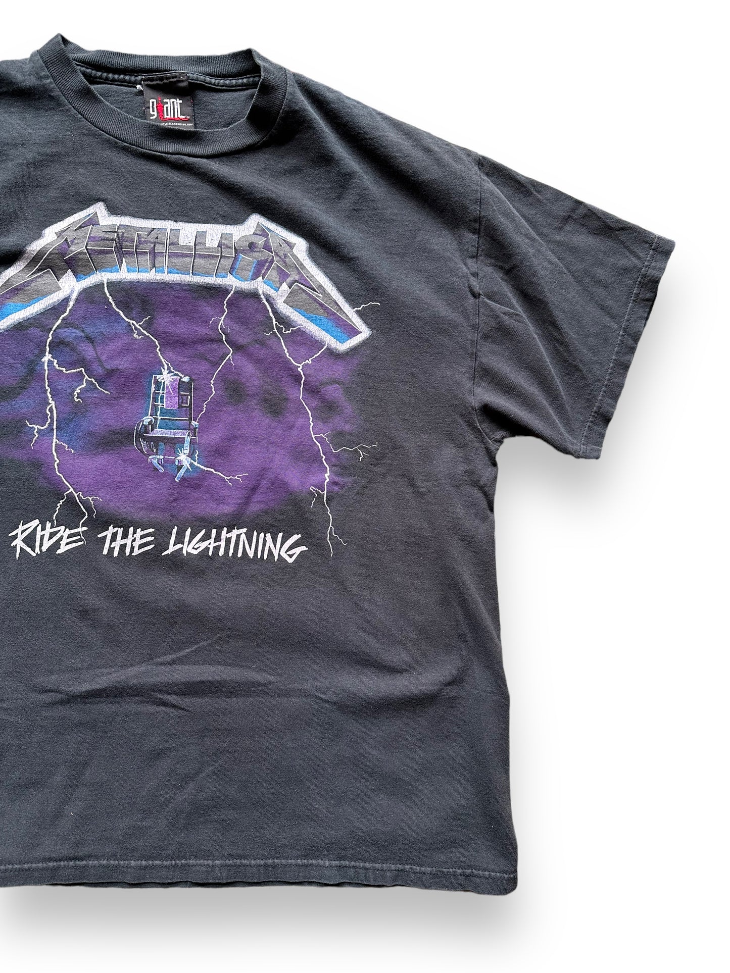 Front Left View of Vintage Metallica Ride The Lightning Shirt Size M | Vintage Metal Rock Tee | Barn Owl Vintage Seattle