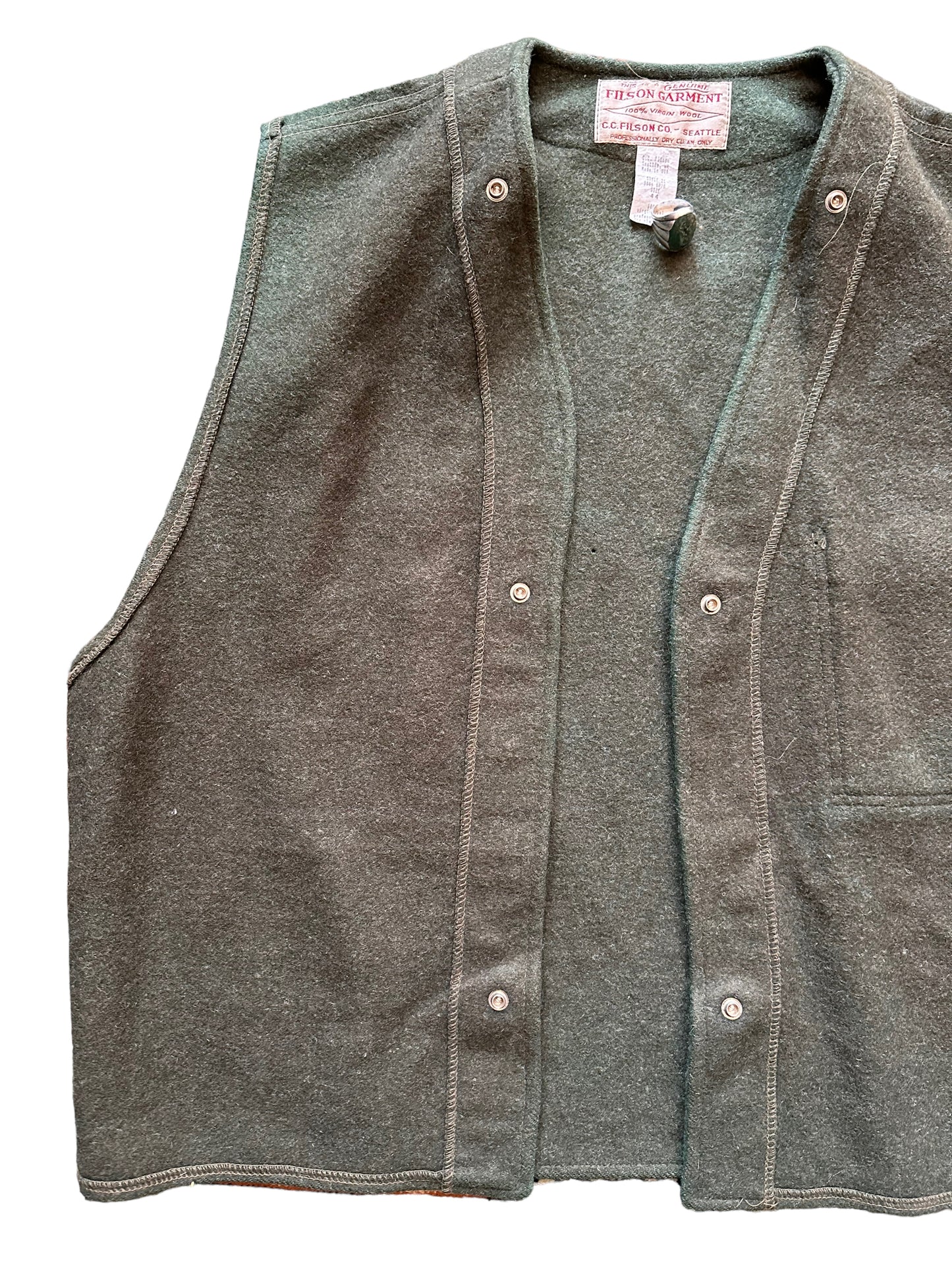 Front Right View of Vintage Filson Green Wool Snap In Liner SZ 44 | Vintage Filson Workwear Seattle | Barn Owl Vintage