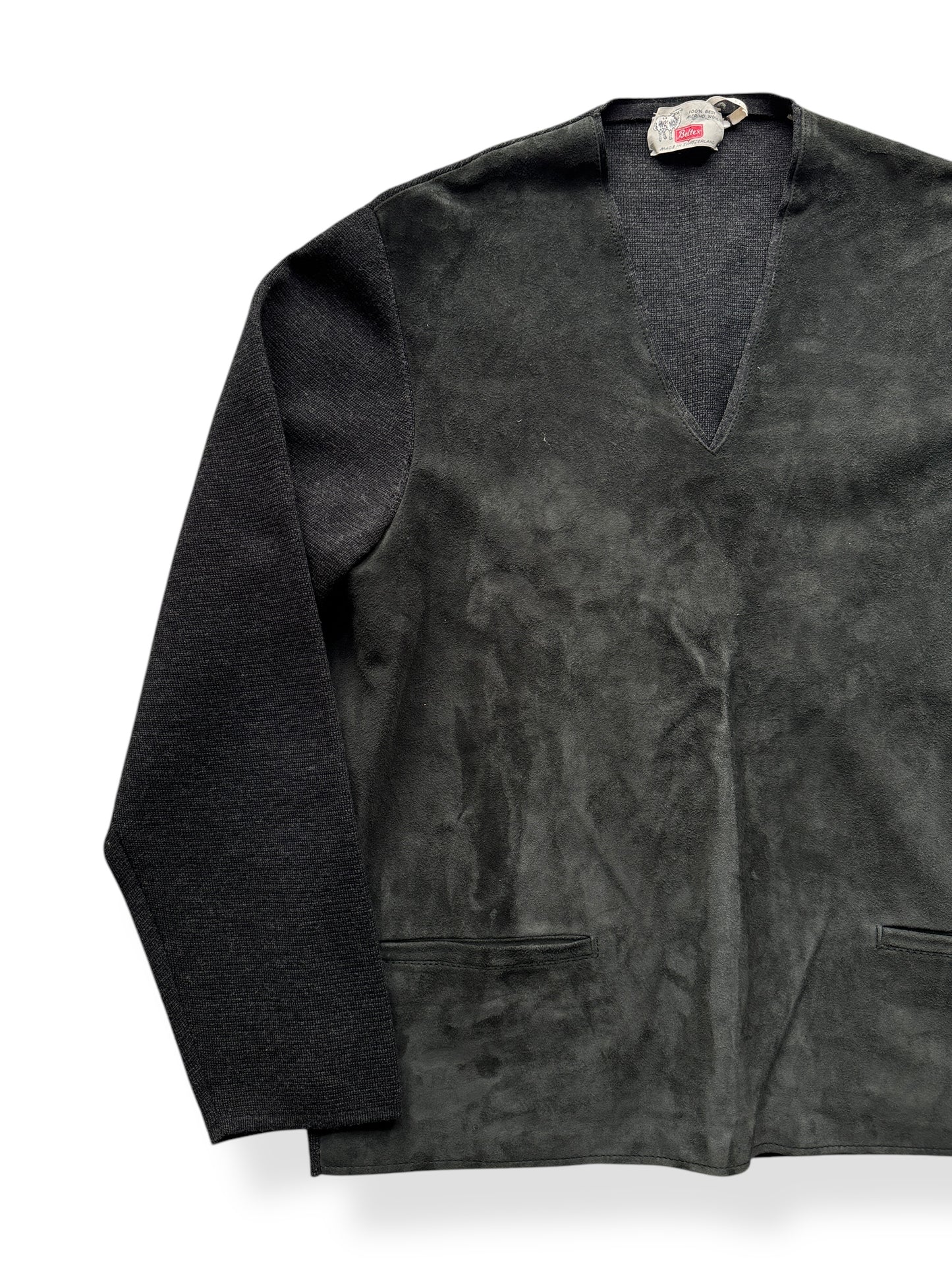 Front Right of Vintage Beltex Merino Wool/Suede Pullover SZ L