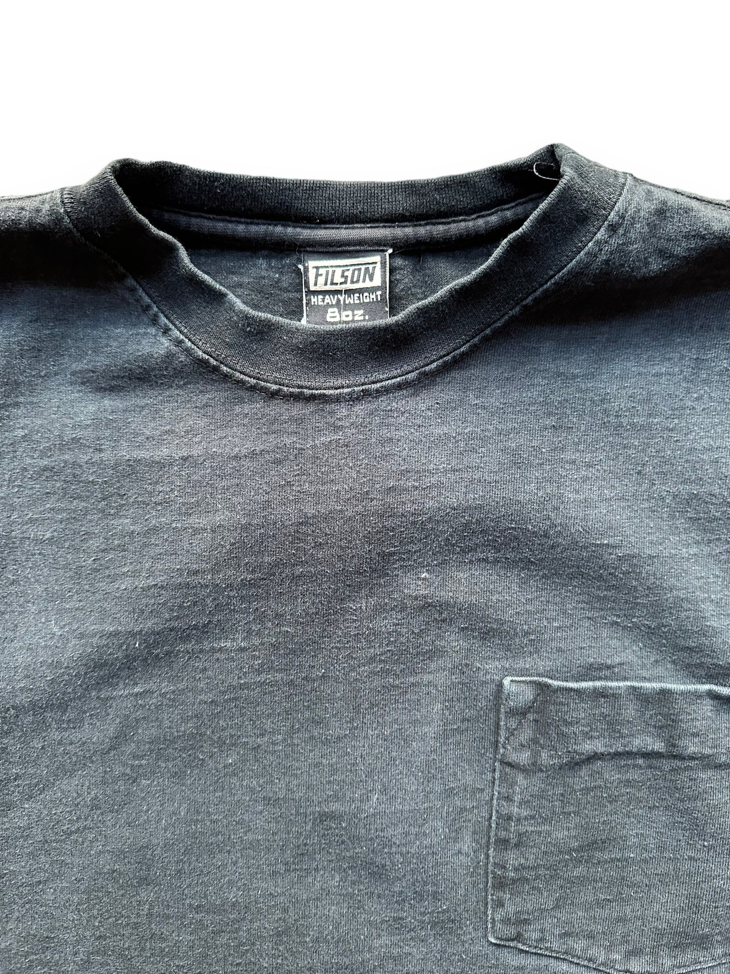 Tag View of Black Filson Loopwheel Heavyweight Cotton Pocket Tee SZ M | Barn Owl Vintage Goods | Vintage Filson Workwear Seattle