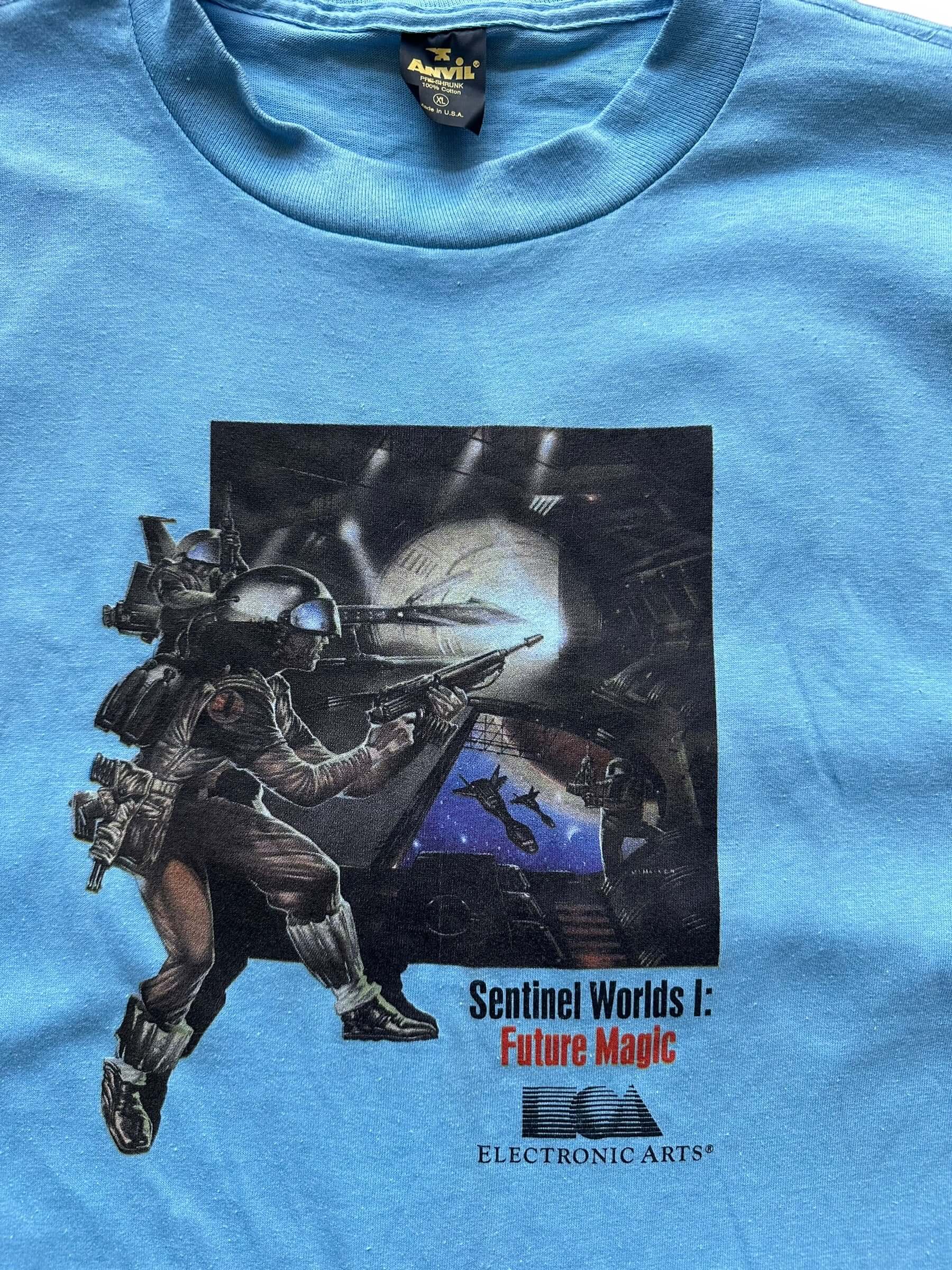 front close up of Vintage Electronic Arts Sentinel Worlds Tee SZ L