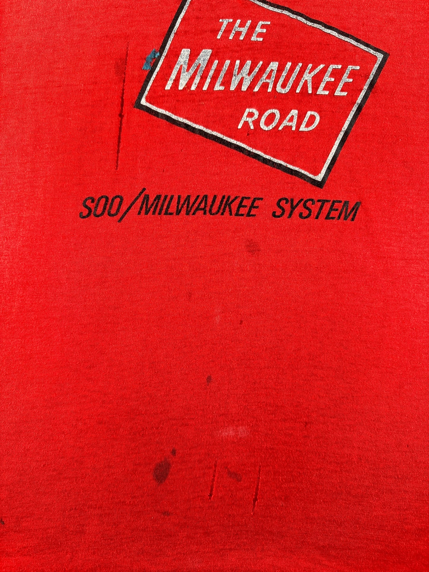 Stains on Vintage 500 Milwaukee Road Red Thrasher Tee SZ S