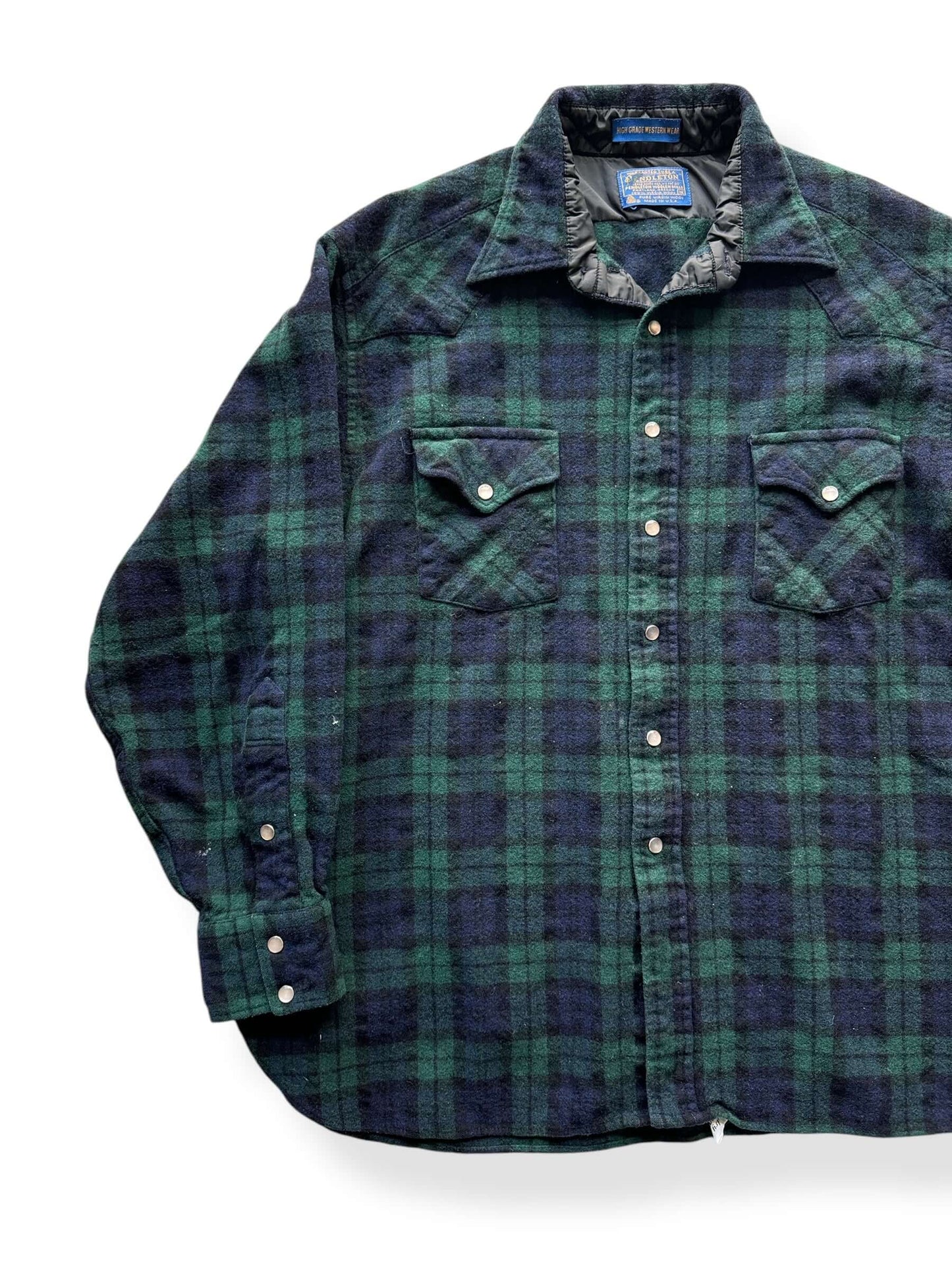 Front Right of Vintage Pendleton Black Watch Tartan Pearl Snap SZ 1X