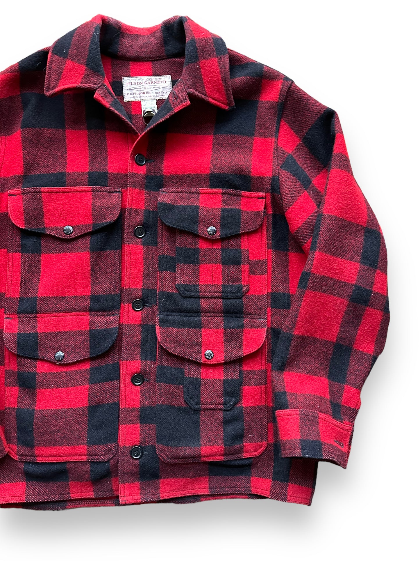 Front Left View of Vintage Filson Mackinaw Wool Cruiser SZ 44 | Barn Owl Vintage Goods | Vintage Workwear Seattle