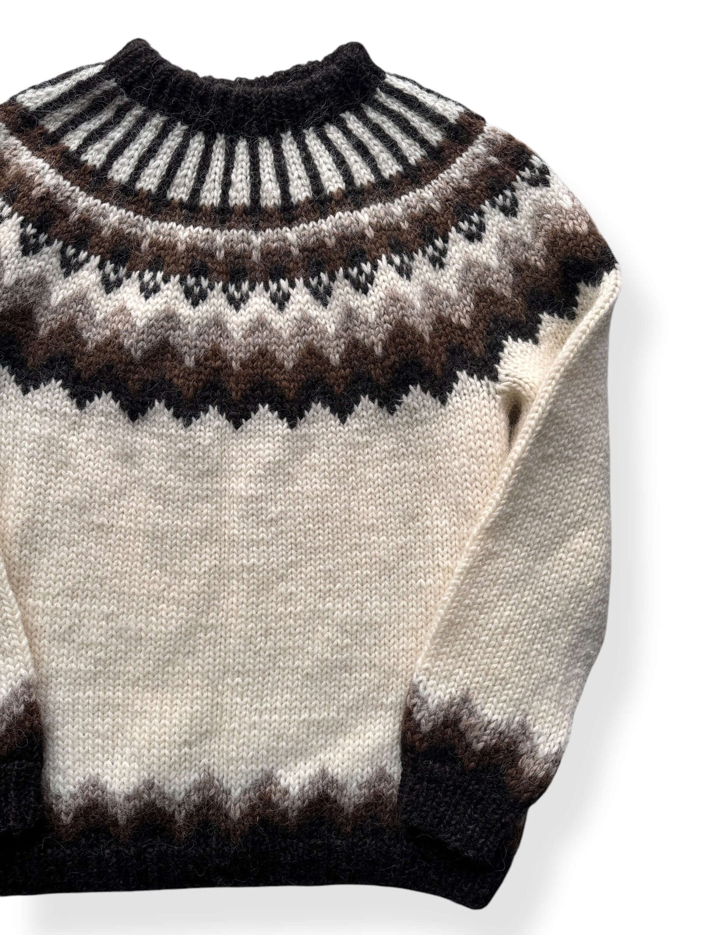 Front Left of Vintage Brown & Cream Handknit Icelandic Sweater SZ XL
