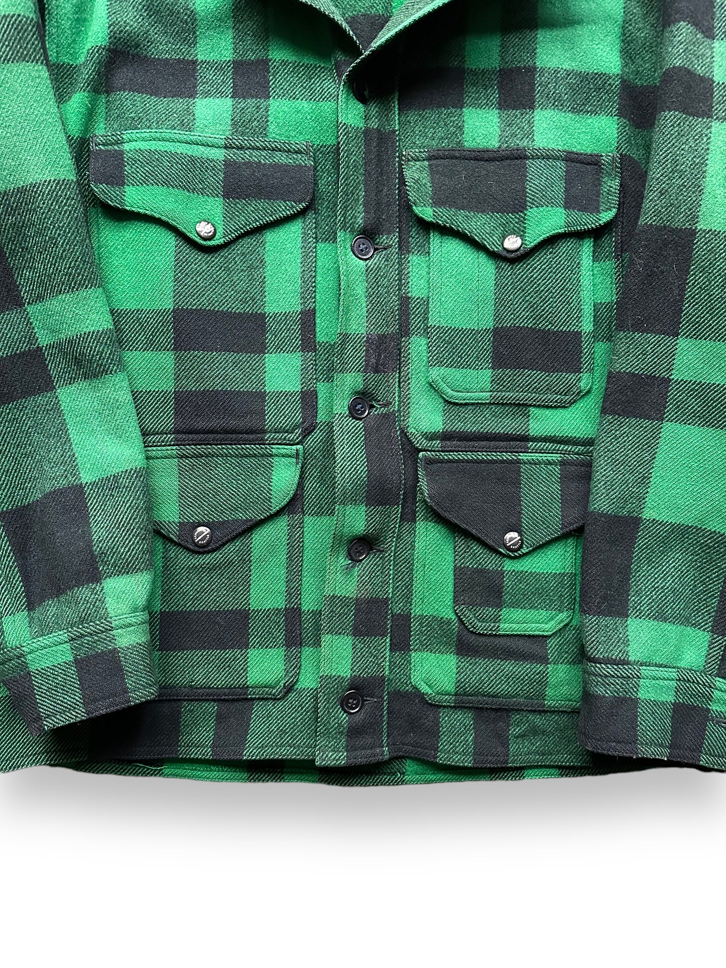 Lower Front View of Vintage Union Made Filson Green & Black Mackinaw Coat SZ 44 | Vintage Filson Workwear Seattle | Vintage Clothing Seattle