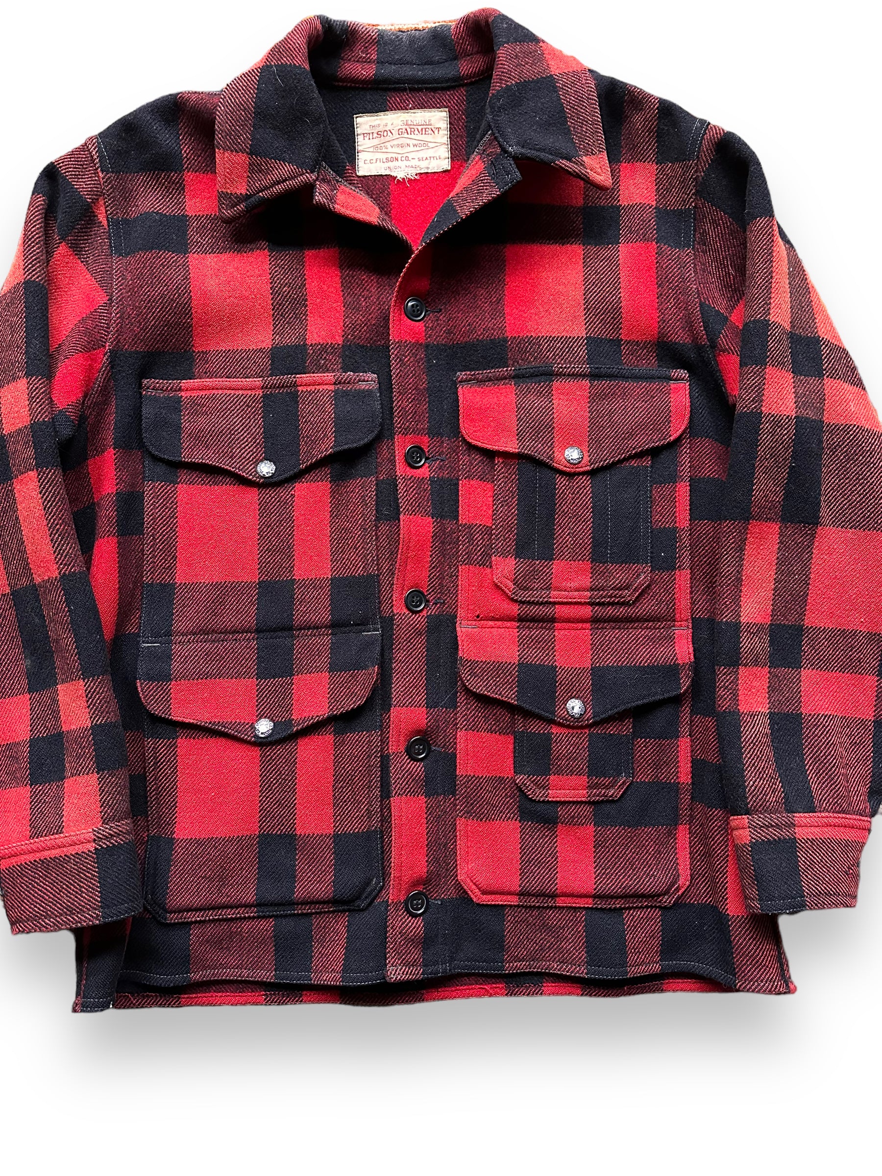 Front Detail on Vintage Sun Faded Union Made Filson  Red and Black Mackinaw Cruiser SZ 44 |  Vintage Filson Mackinaw | Vintage Filson Workwear Seattle