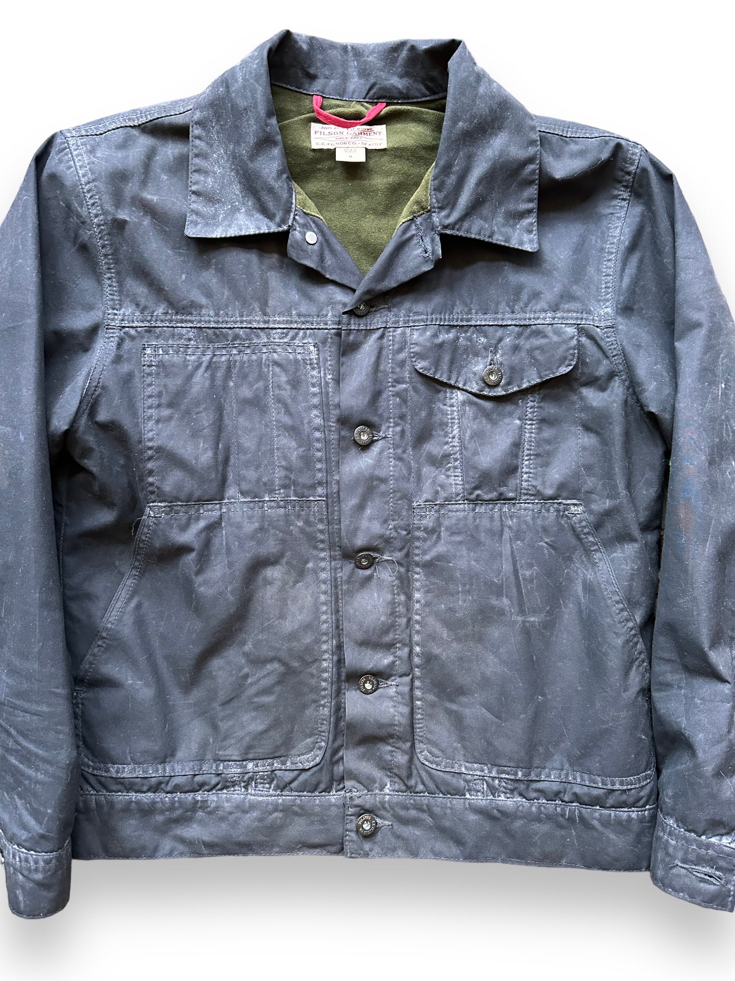 Front Detail onFilson Black Short Lined Tin Cloth Cruiser SZ M |  Barn Owl Vintage Goods | Vintage Filson Workwear Seattle