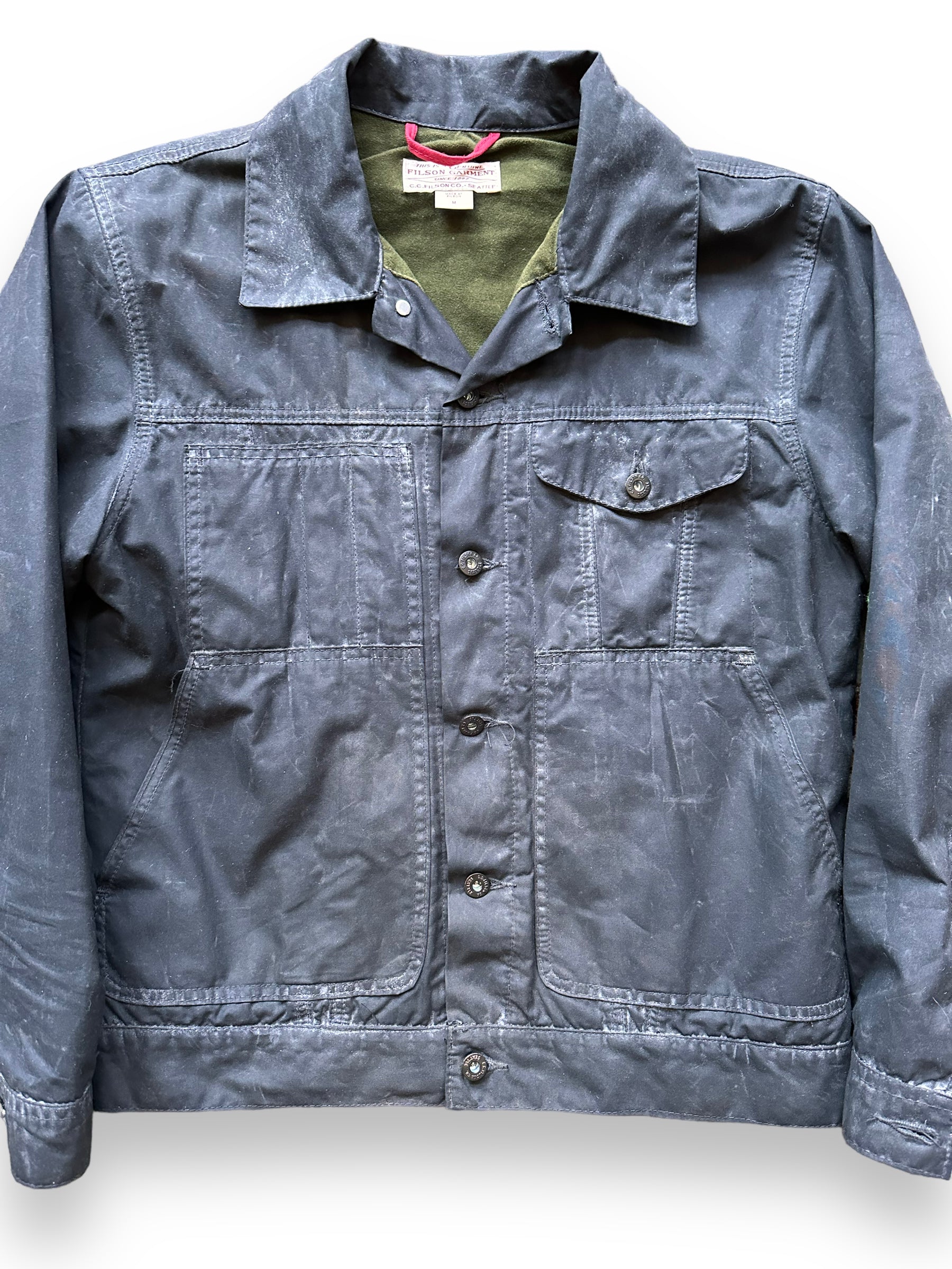 Front Detail onFilson Black Short Lined Tin Cloth Cruiser SZ M |  Barn Owl Vintage Goods | Vintage Filson Workwear Seattle