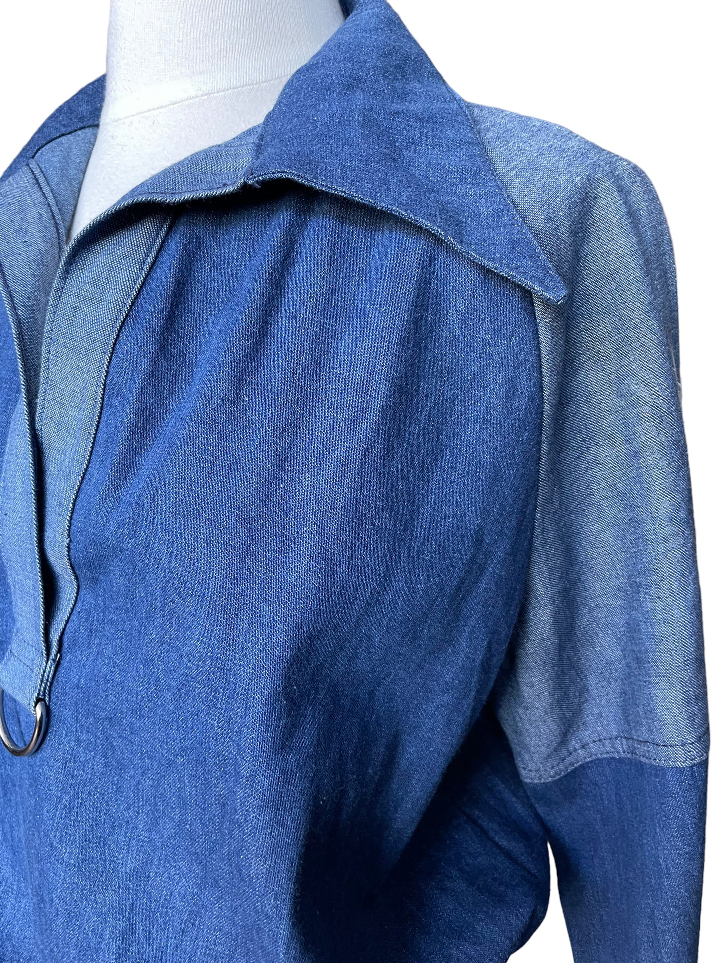 Front left shoulder view of Vintage 1970s Pacific Play Togs Denim Pull Over | Vintage Shirts & Tops | Barn Owl Vintage Seattle