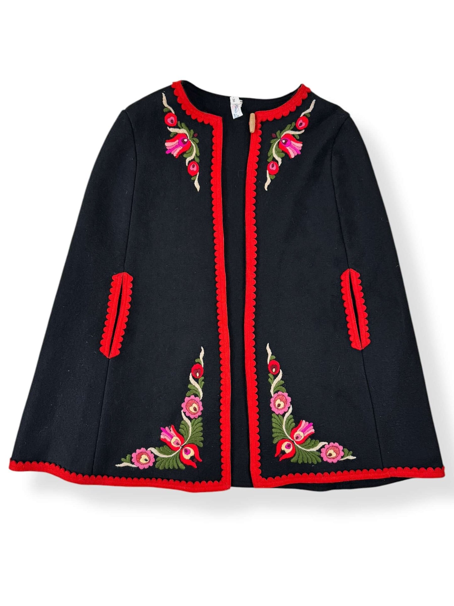 Front of Vintage Hungarian Embroidered Wool Cape M
