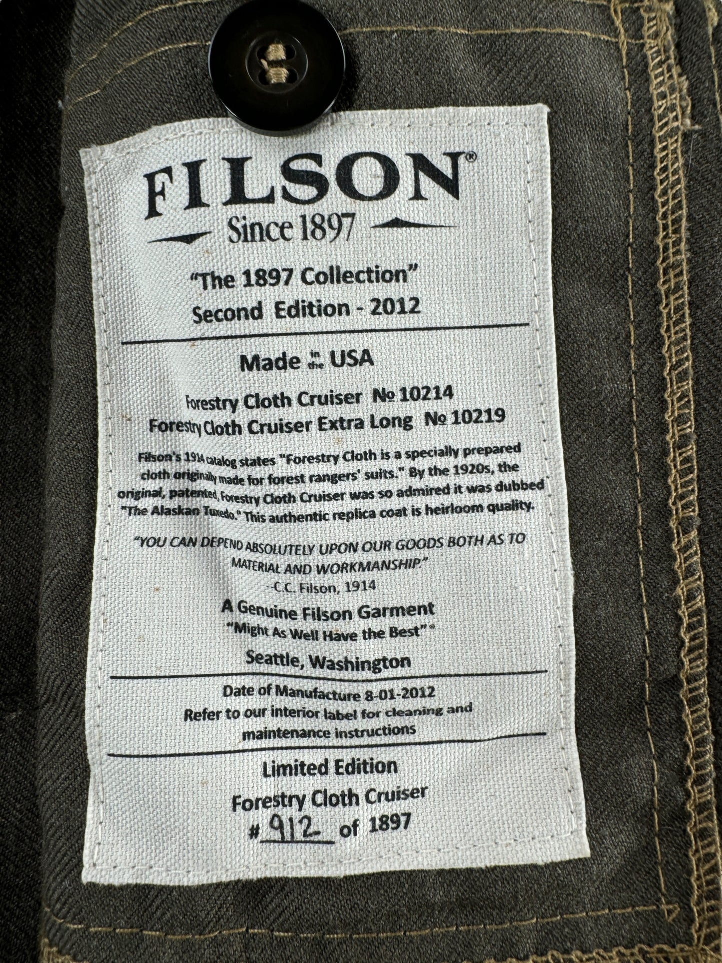 Inner Label on Modern Filson 1897 Collection Green Forestry Cloth Cruiser SZ 40