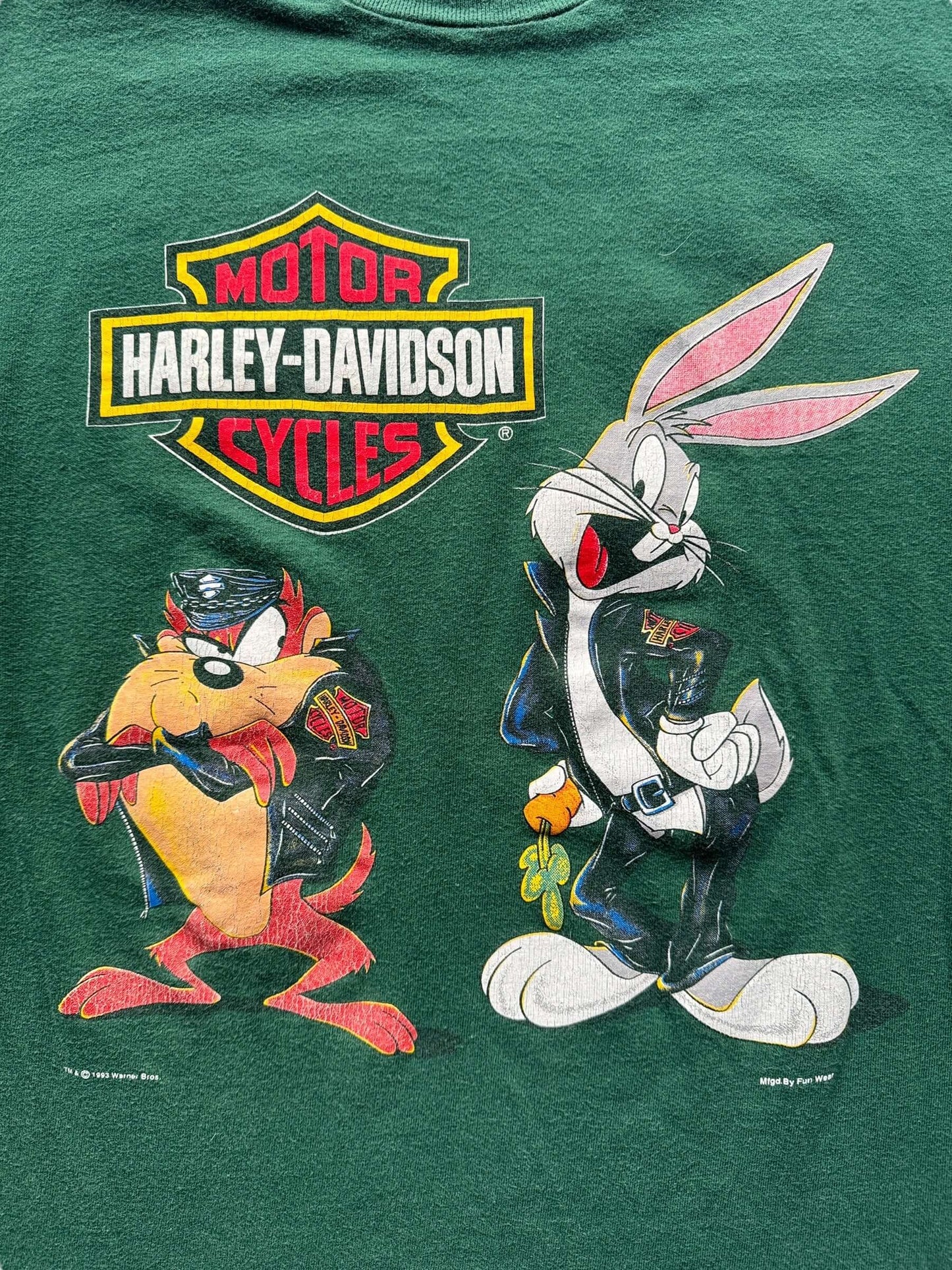 Front Graphic of Vintage Anacortes Harley Davidson Looney Toons 2-Sided Tee SZ M