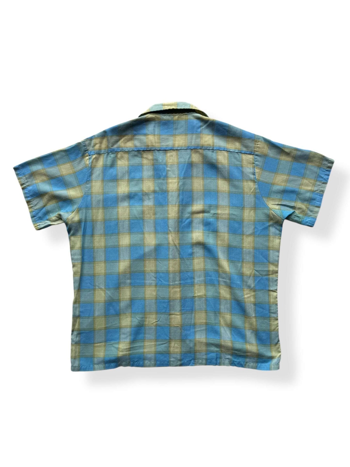 Back of Vintage Blue And Yellow Short Sleeve Loop Collar Shirt SZ XL